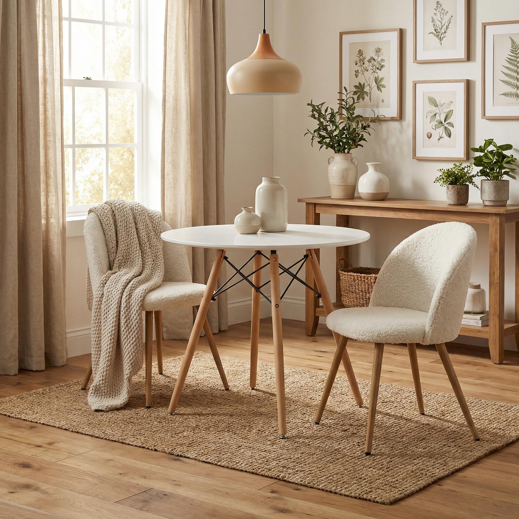 Homy Casa Chad 3PC Dining Set 31.5" Round Matte White Table with 2 Zomba Upholstered Dining Chairs Beige