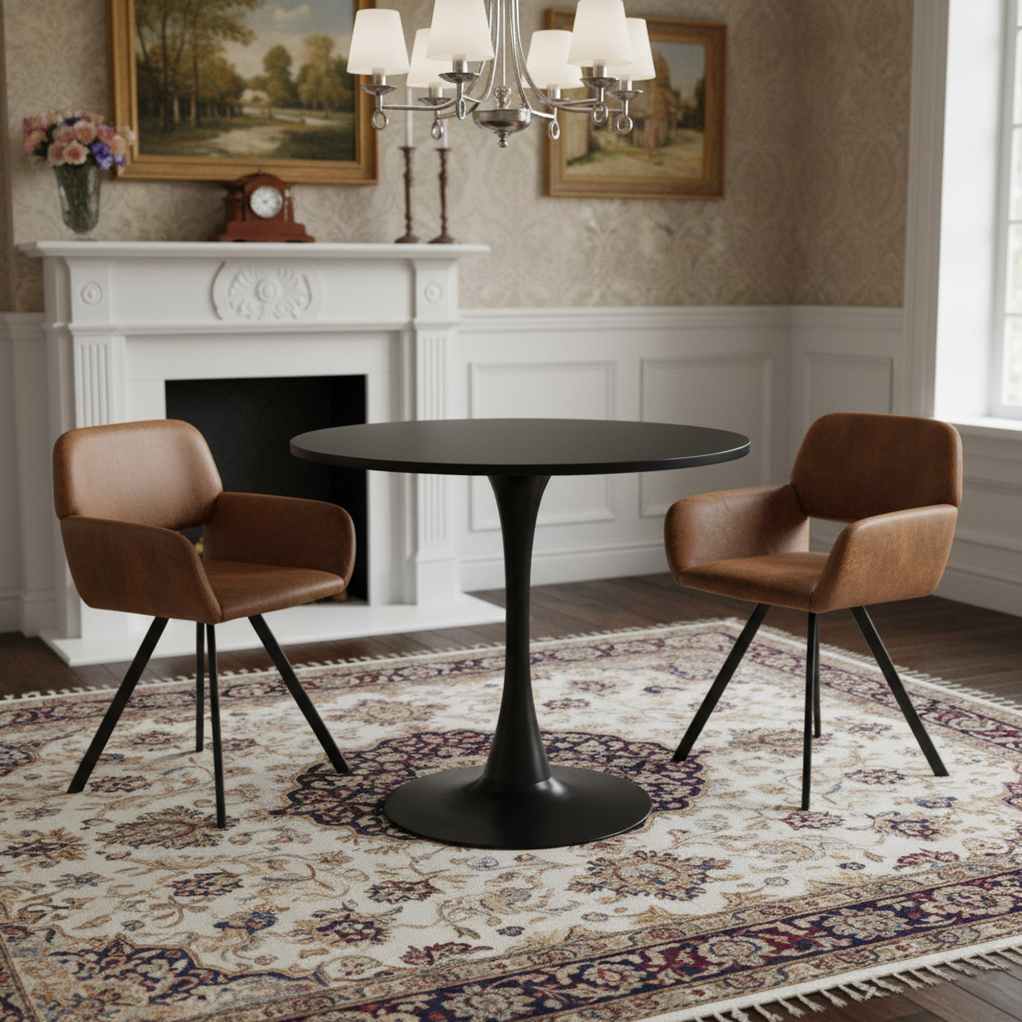 Clift 3 Piece Black Dining Table Set with 2 California Chairs, Suede Brown