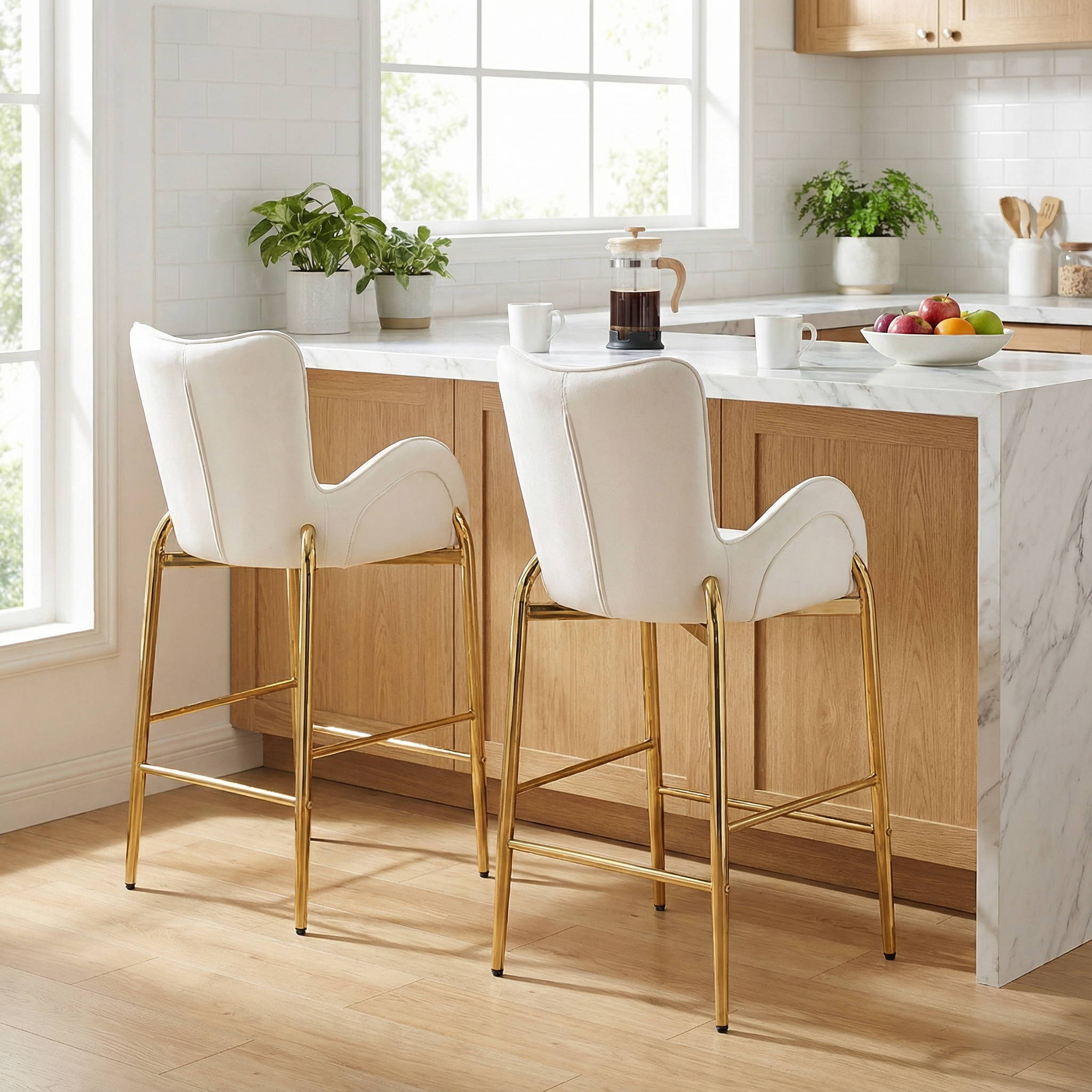 Seren 28.75" Modern Velvet Counter Height Bar Stools Set of 2 with Gold Legs and Footrest