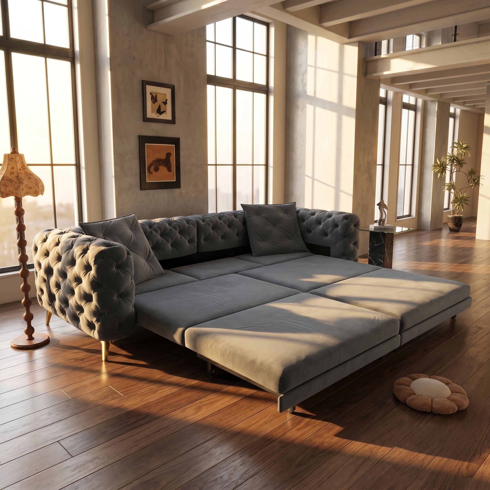 Allentown 98" Velvet Button Tufted 4-Seater Sleeper Sofa Bed with Movable Ottoman