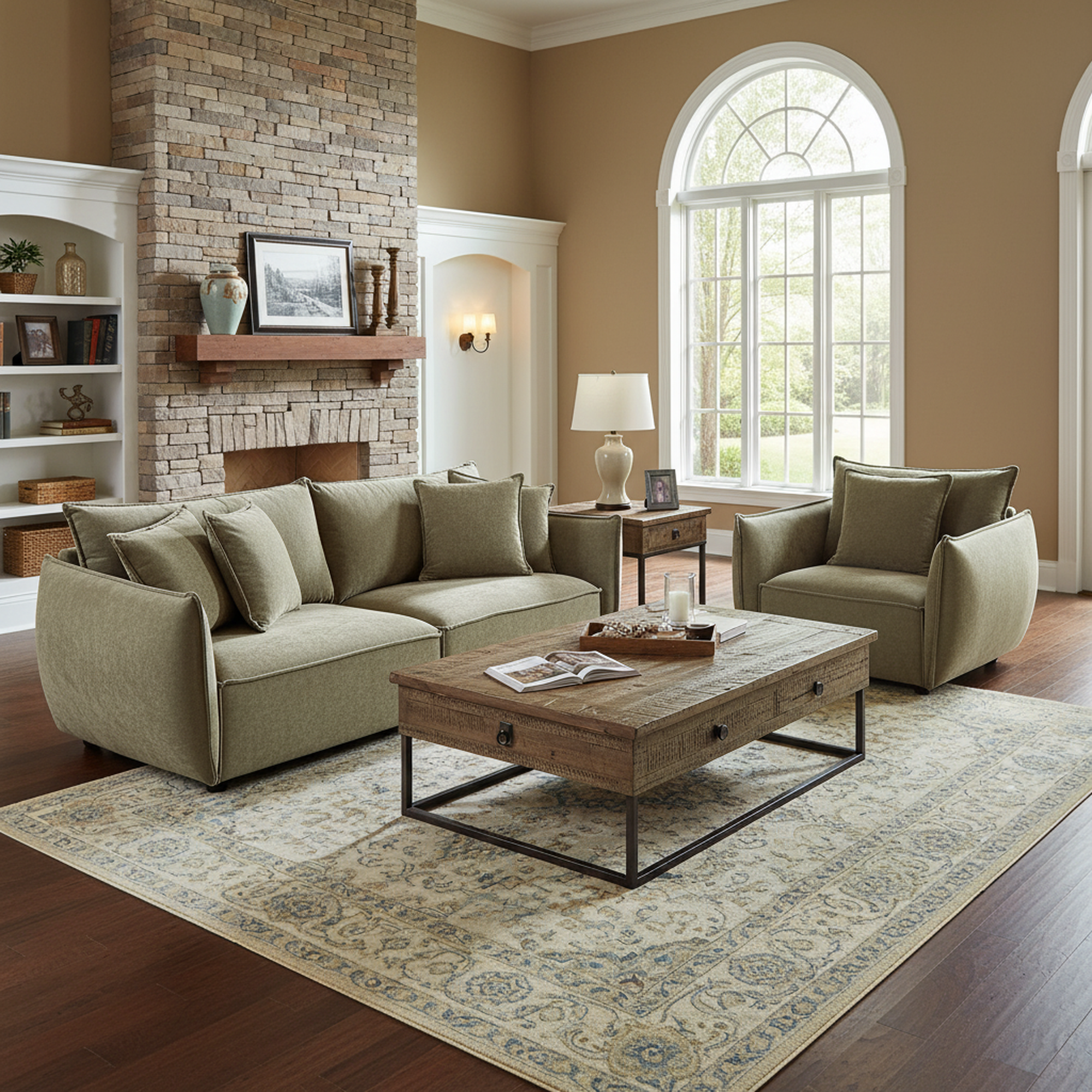 Phoenix 2 Piece Linen Fabric Sofa Set, Loveseat Sofa & Recliner Chair, Light Green