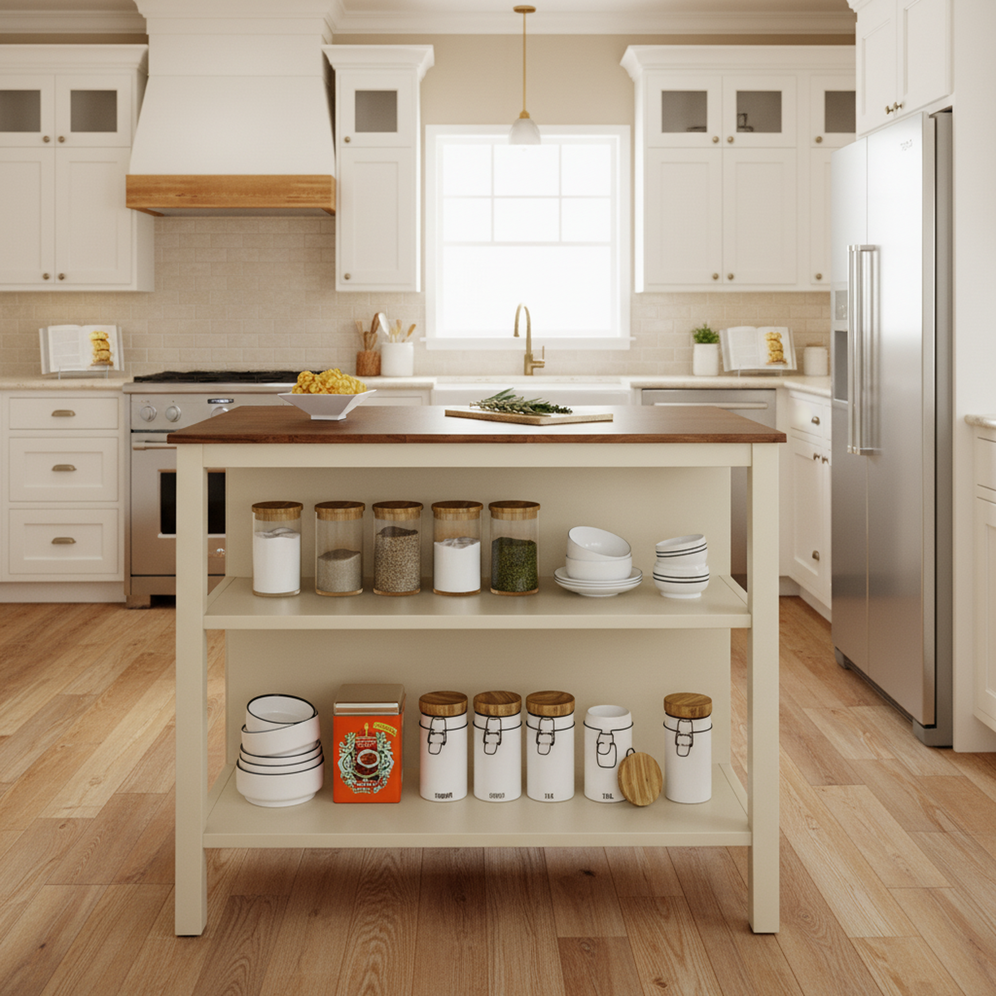 Gotland 45" Solid Wood Kitchen Island with 2 Open Storage Shelves