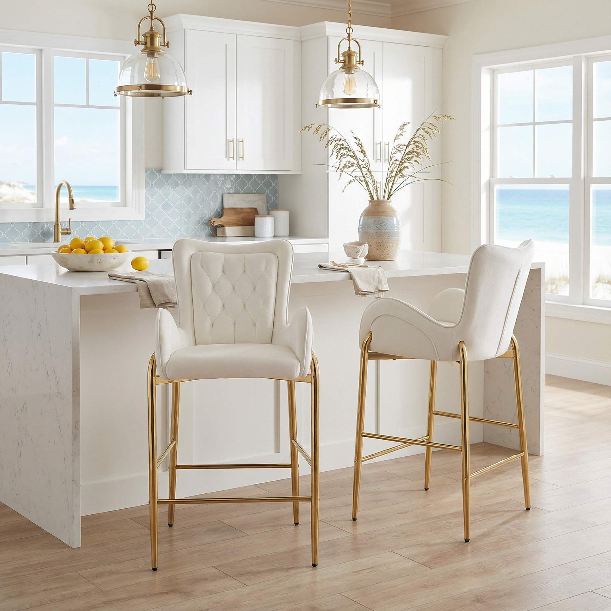 Seren 28.75" Modern Velvet Counter Height Bar Stools Set of 2 with Gold Legs and Footrest