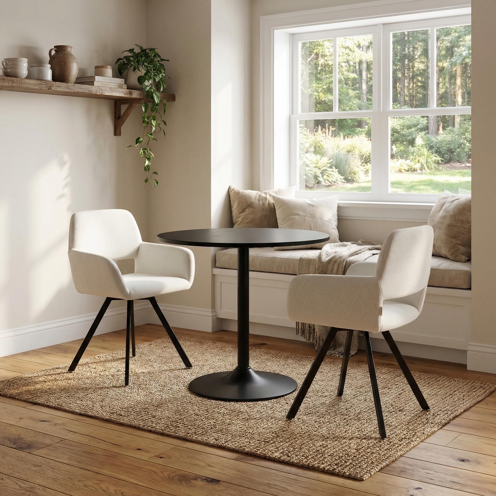 Homy Casa Clift 3PC Dining Set 31.5” Black Round Dining Table with 2 California Swivel Beige Fabric Dining Chairs