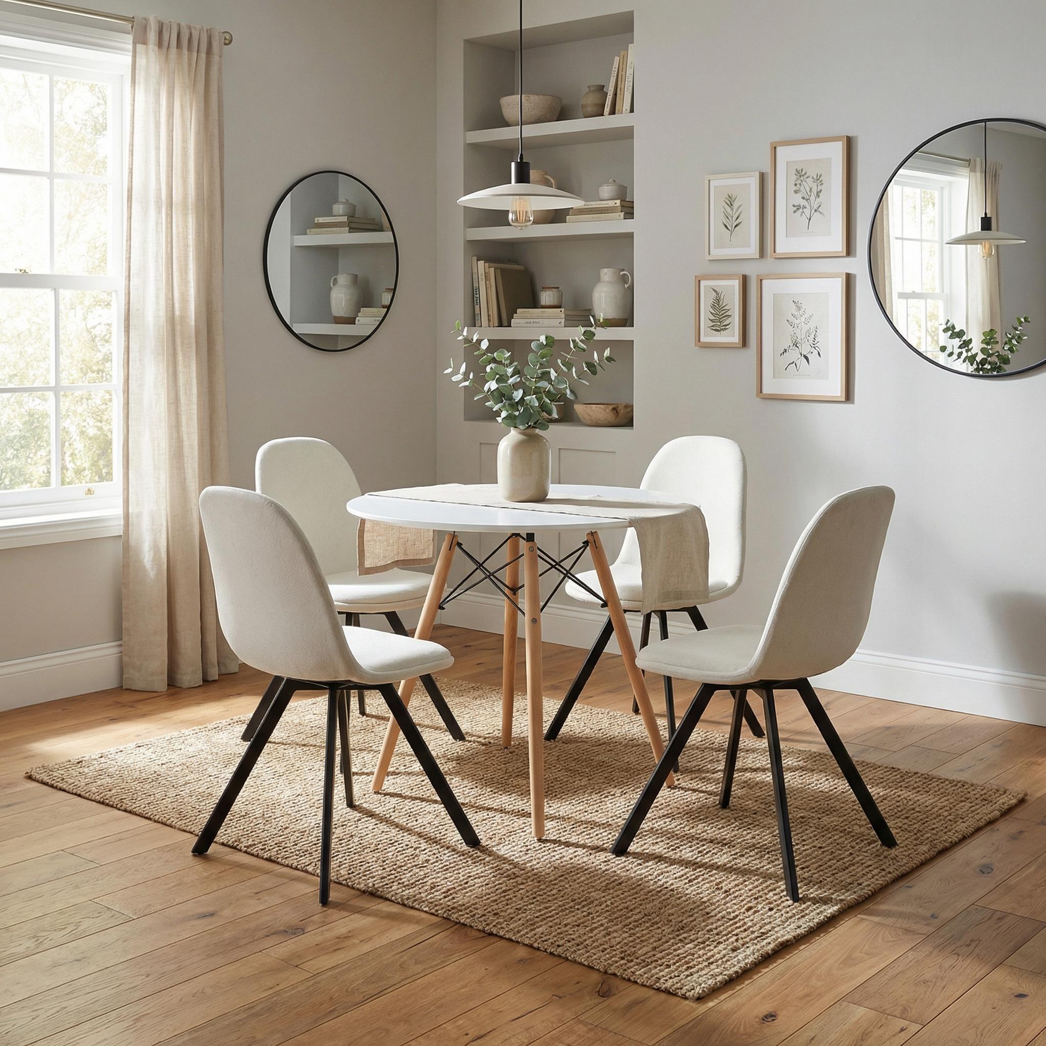 Homy Casa Chad 5PC Dining Set 31.5" Matte White Table with 4 Sunflower Swivel Dining Chairs