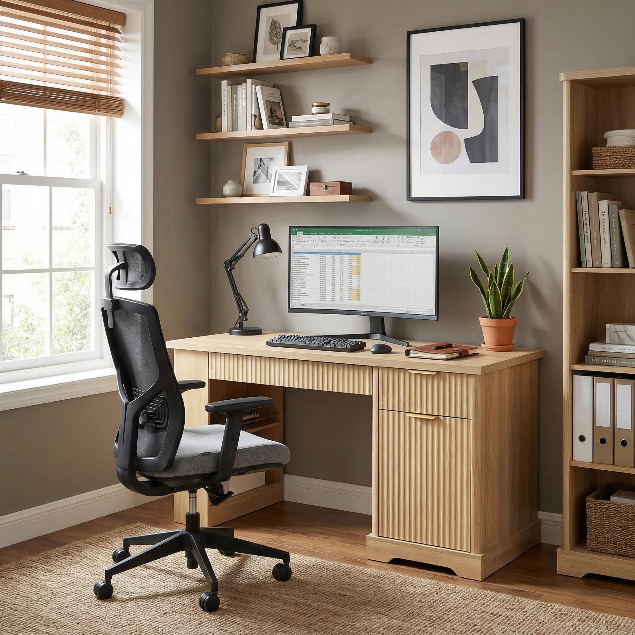 Vexon 55" Modern Fluted Writing Desk with Storage Cabinet and Charging Station