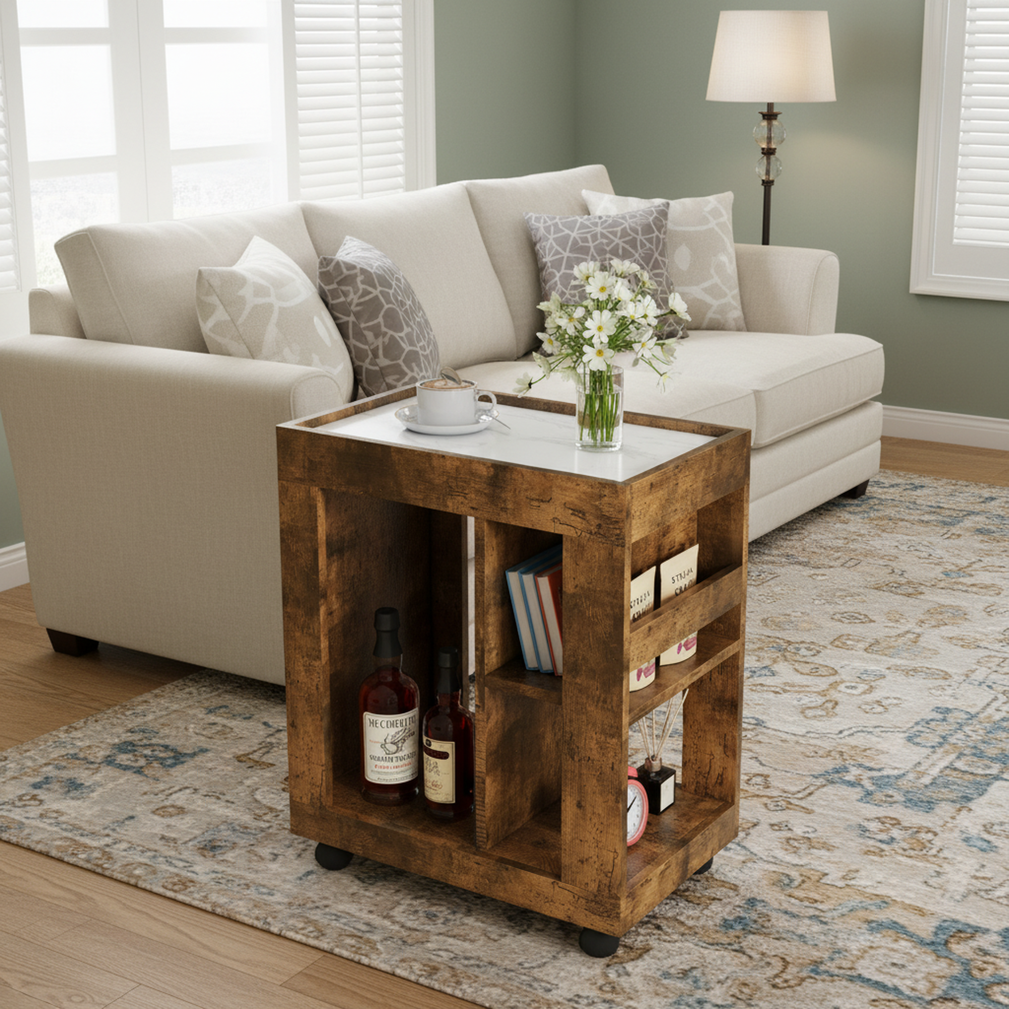 Bali 26" Mid-Century Modern Rolling Utility Cart with Storage, Brown