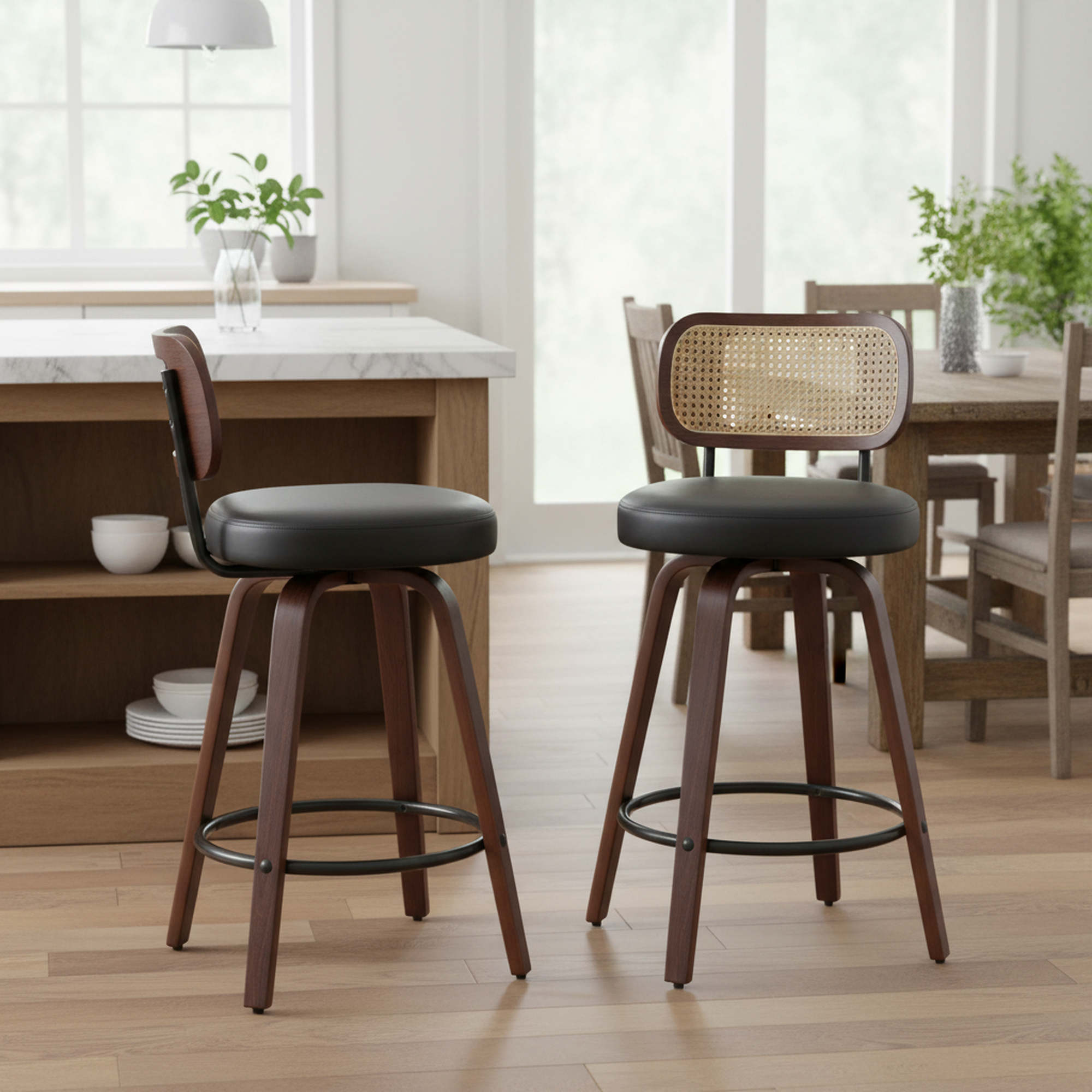 Homy Casa Medoc 26" Rattan Back Swivel Counter Height Upholstered Bar Stool Set of 2