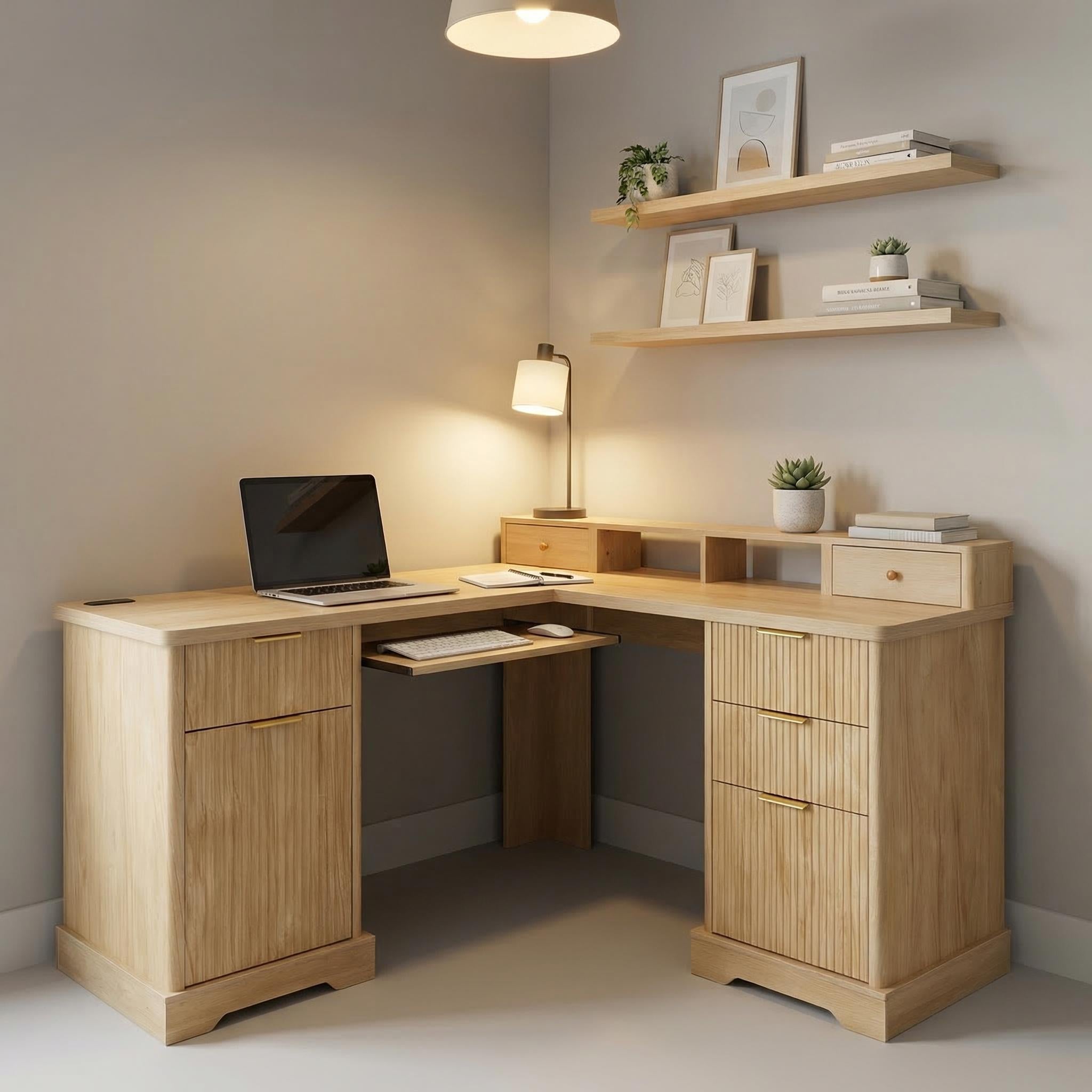 Vexon 59" Modern Fluted L-Shaped Office Desk with Storage Cabinets and Charging Station