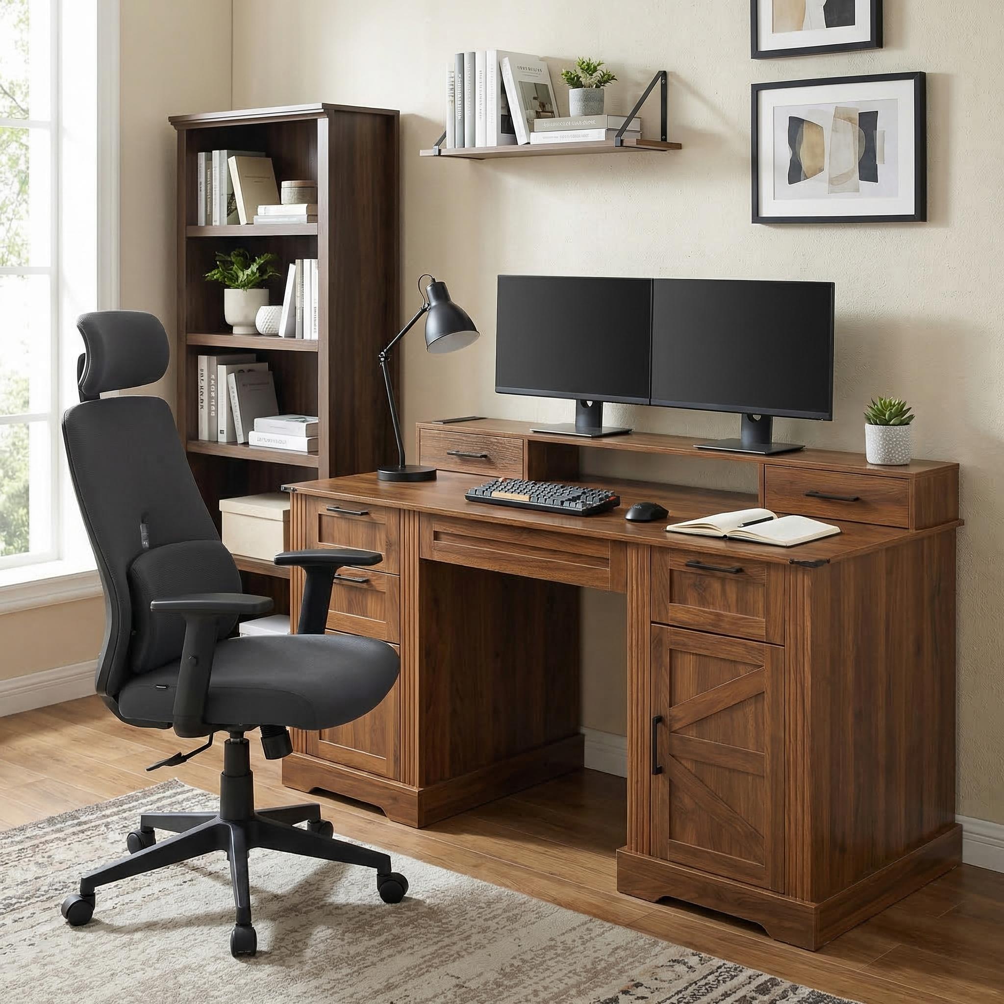 Kova 59" Farmhouse Office Desk with Storage Cabinets and Charging Station