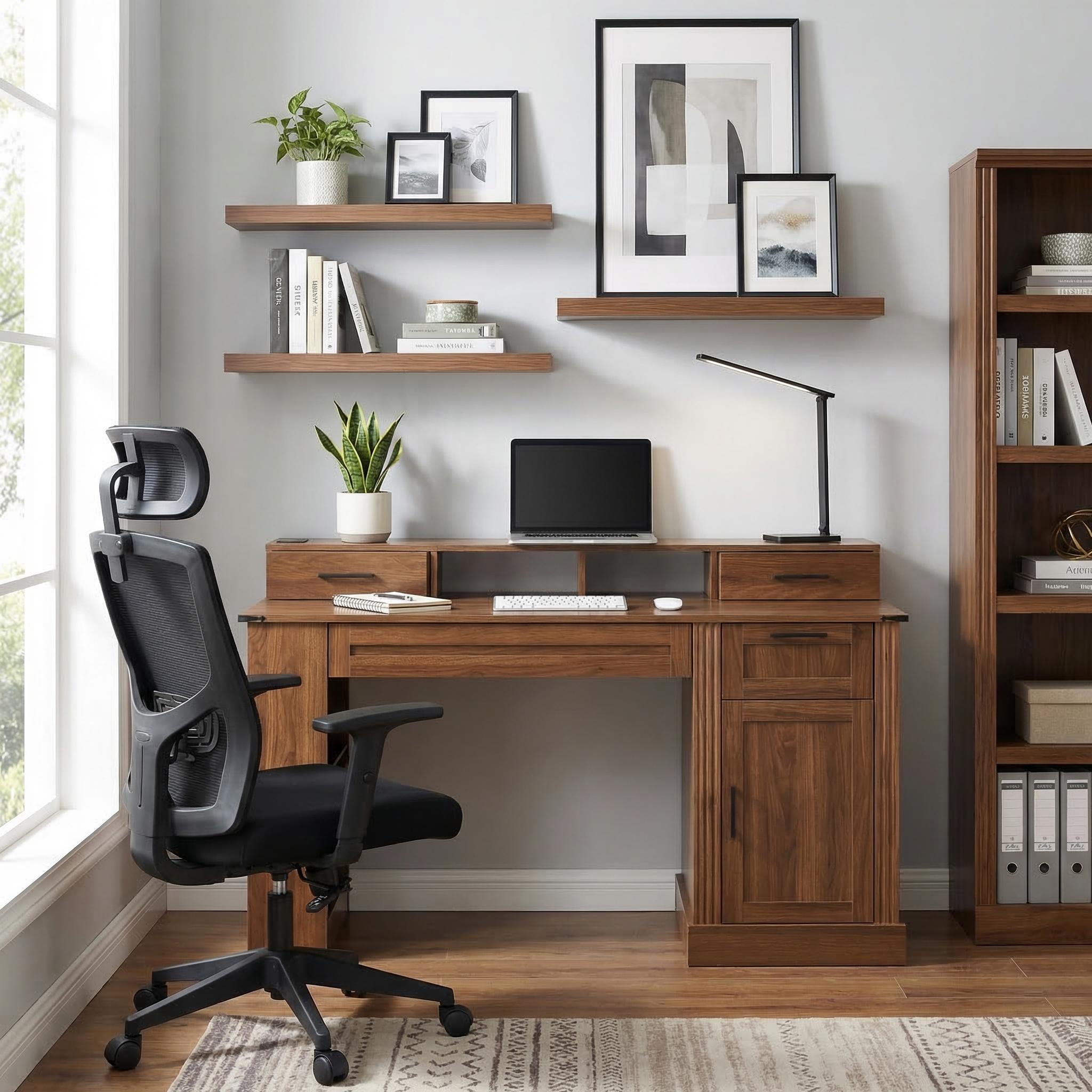 Kova 55" Farmhouse Office Desk with Storage Cabinet, Keyboard Tray and Charging Station