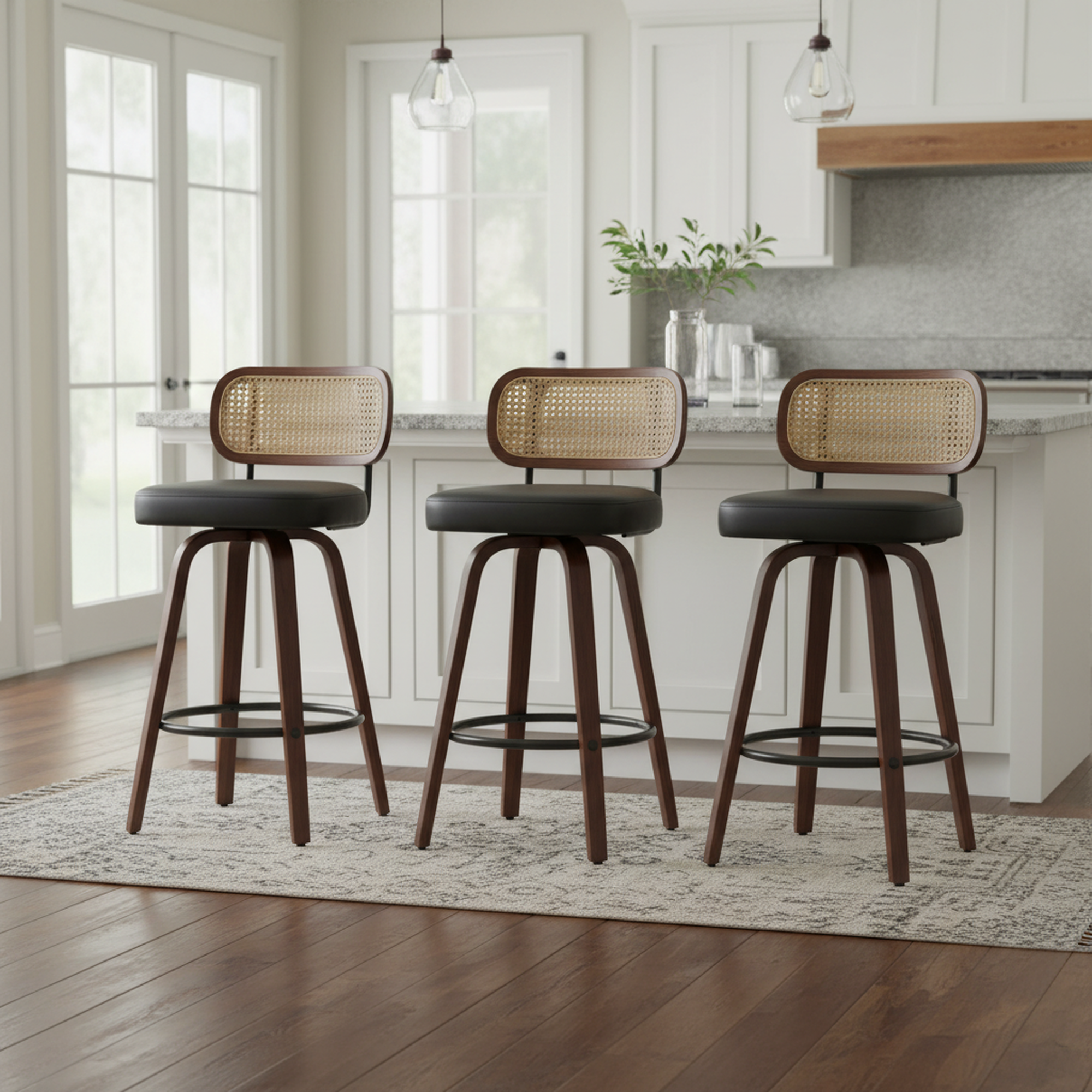 Homy Casa Medoc 26" Rattan Back Swivel Counter Height Upholstered Bar Stool Set of 3