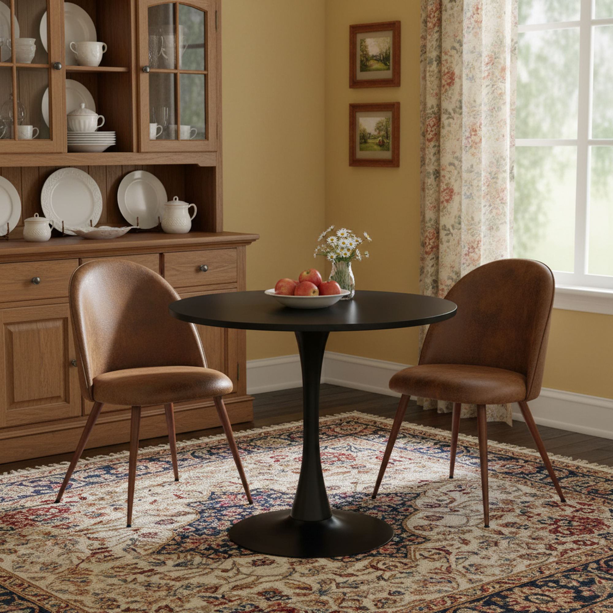 Clift 3 Piece Black Dining Table Set with 2 Haven Chairs, Suede Brown
