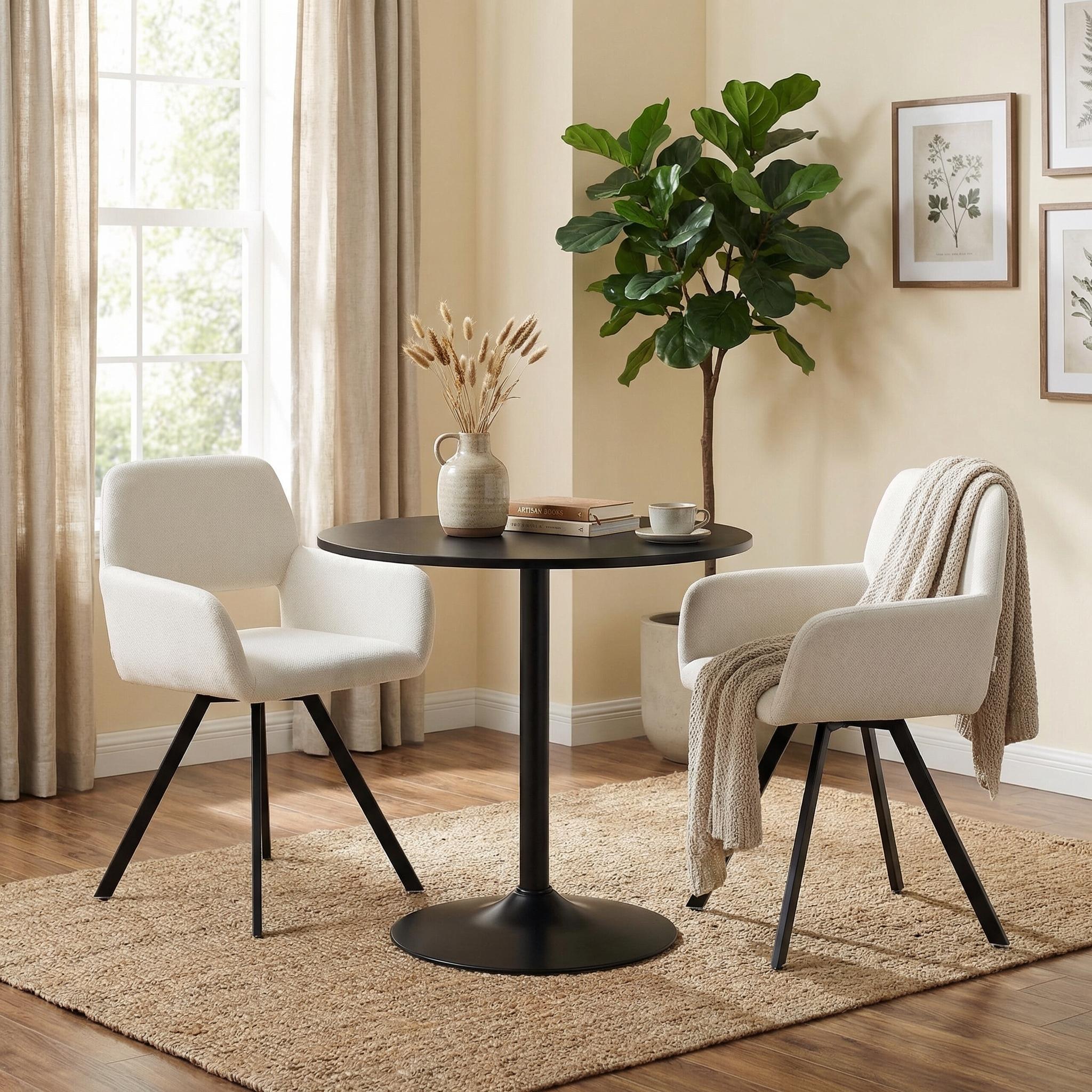 Homy Casa Clift 3PC Dining Set 31.5” Black Round Dining Table with 2 California Swivel Beige Fabric Dining Chairs