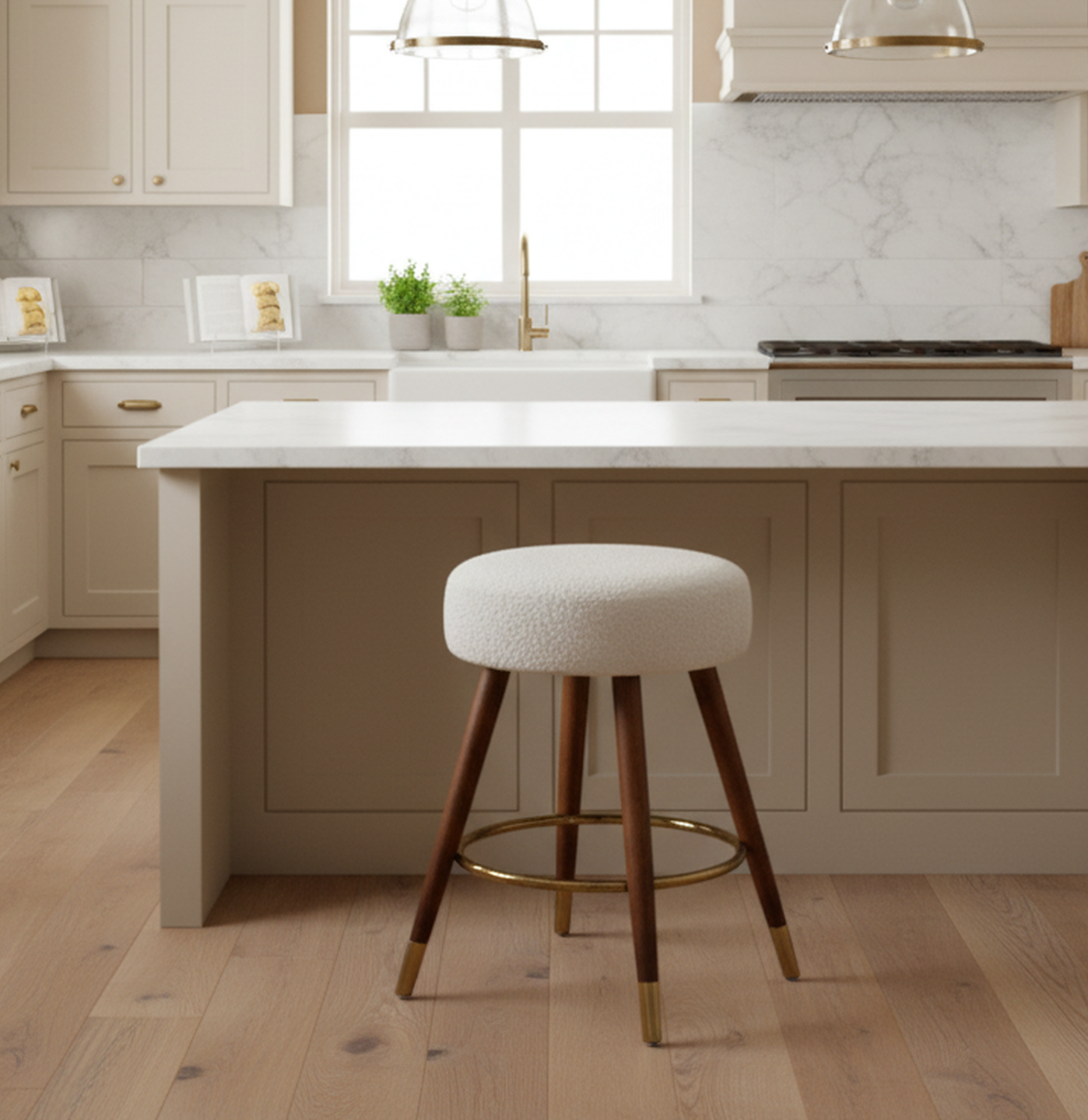 Ribera Boucle Upholstered Backless Swivel Counter Stool with Gold Accents