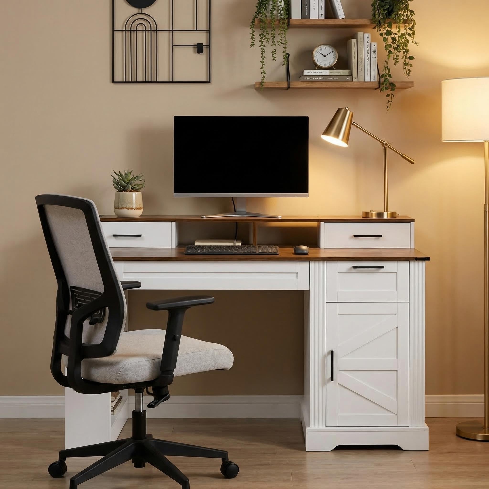 Kova 55" Farmhouse Office Desk with Storage Cabinet, Keyboard Tray and Charging Station