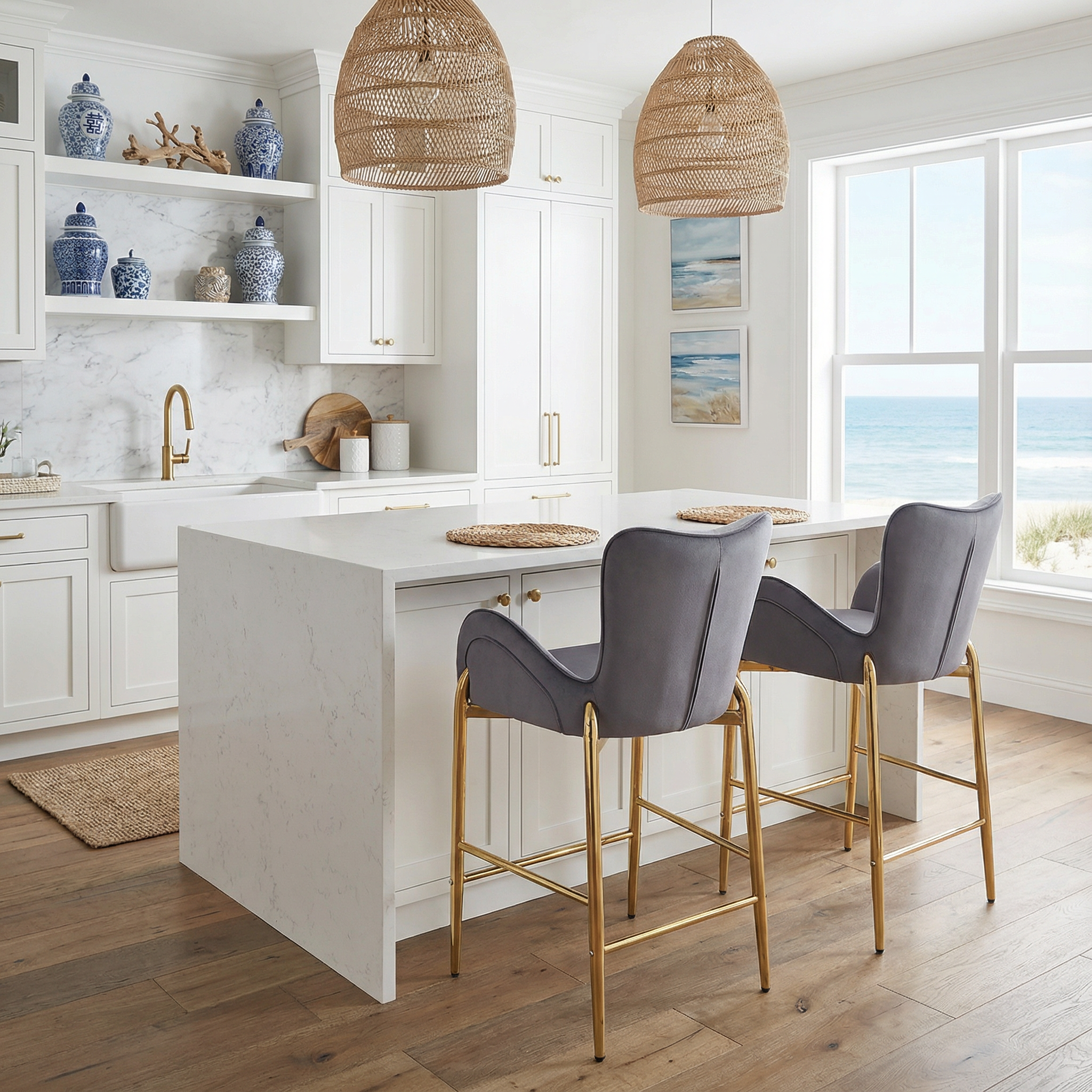 Seren 28.75" Modern Velvet Counter Height Bar Stools Set of 2 with Gold Legs and Footrest