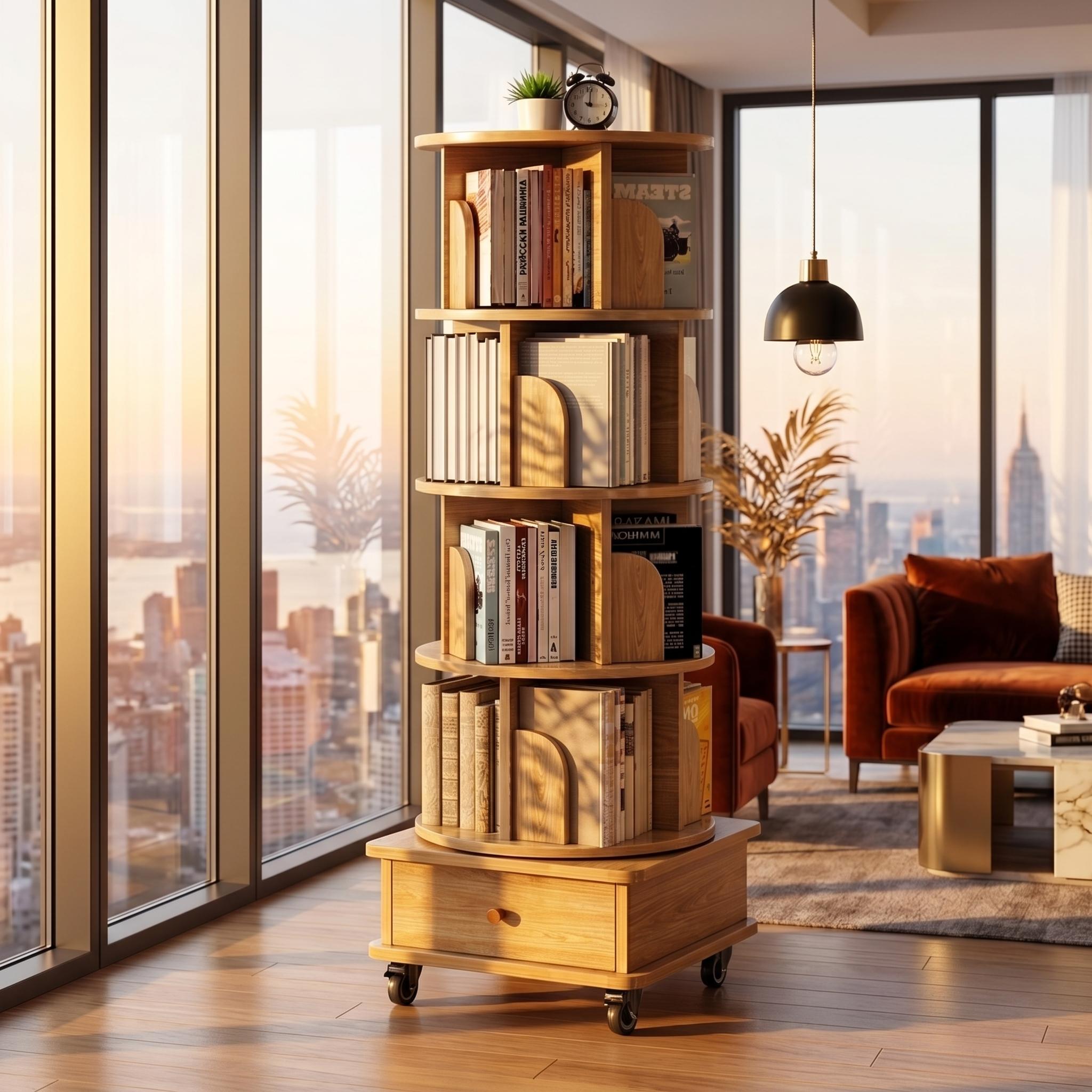 Sophia 5 Tier Rotating Bookshelf Display Stand with Drawer and Wheels
