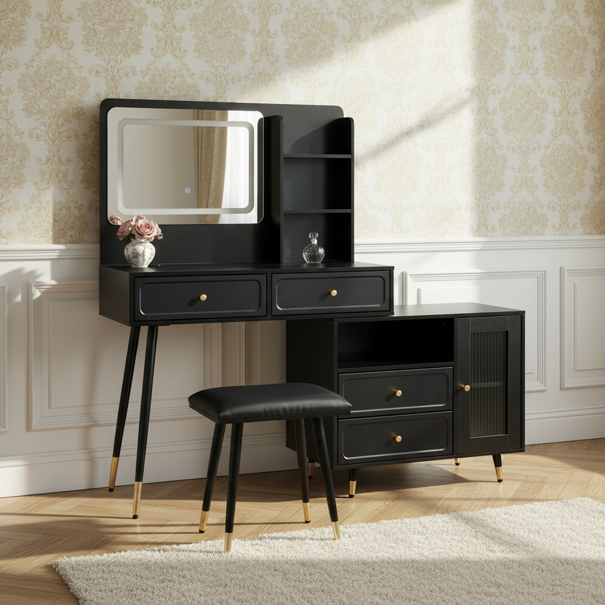 Voss Modern Vanity Desk Set with Lighted Mirror and Drawer Cabinet
