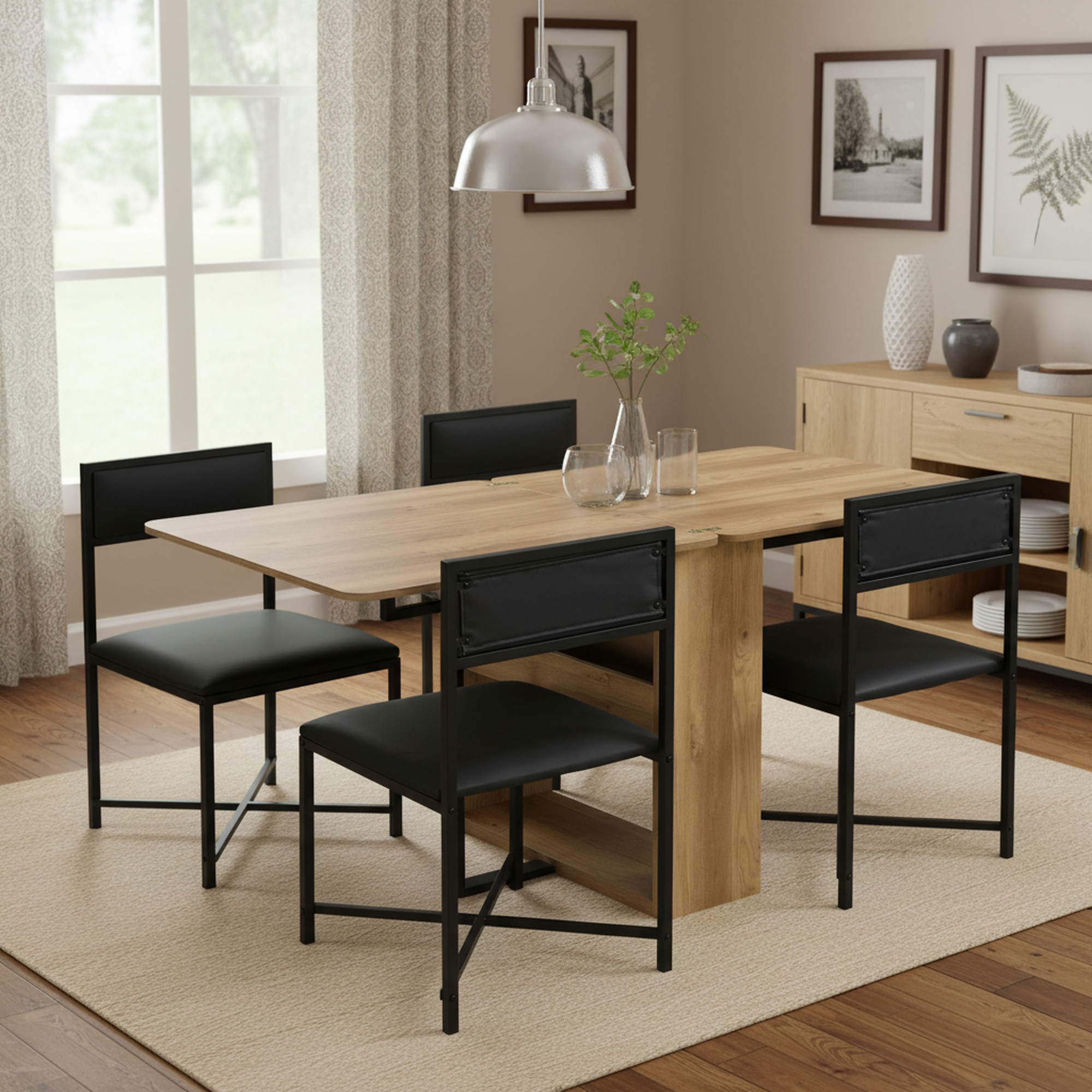 Lento 63" Modern Black 5 Piece Extendable Dining Table Set with Storage and Chairs