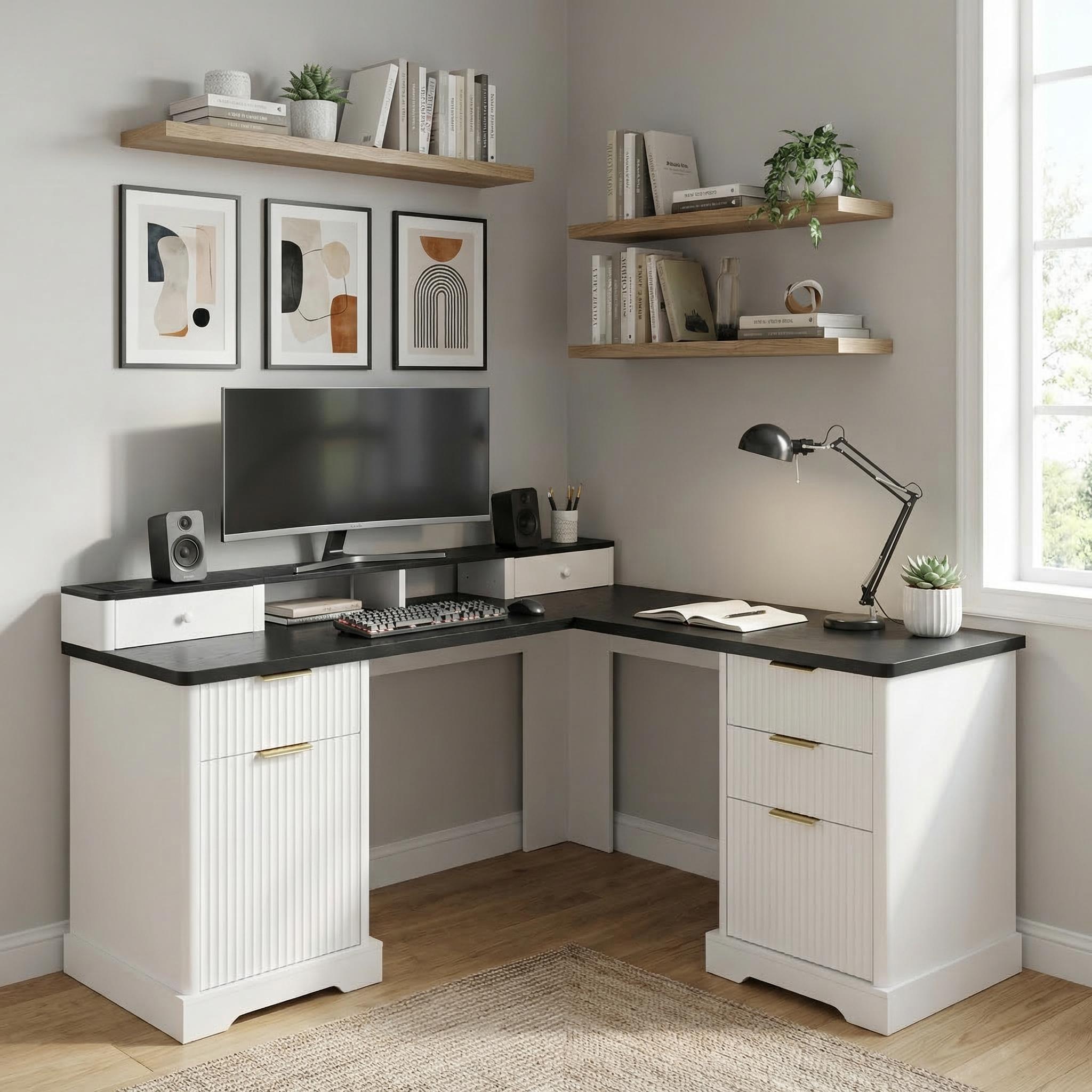 Vexon 59" Modern Fluted L-Shaped Office Desk with Storage Cabinets and Charging Station