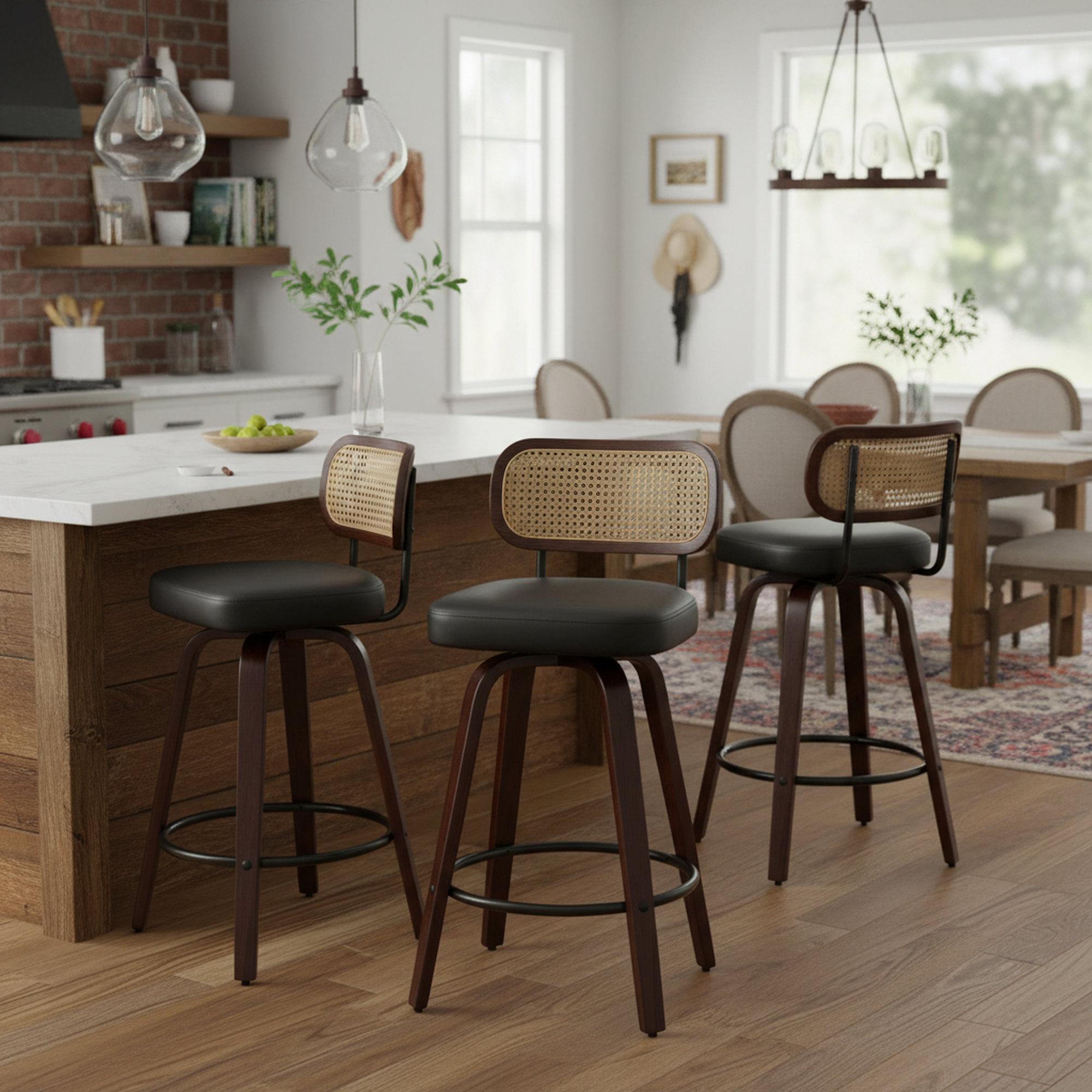 Homy Casa Medoc 26" Rattan Back Swivel Counter Height Upholstered Bar Stool Set of 3