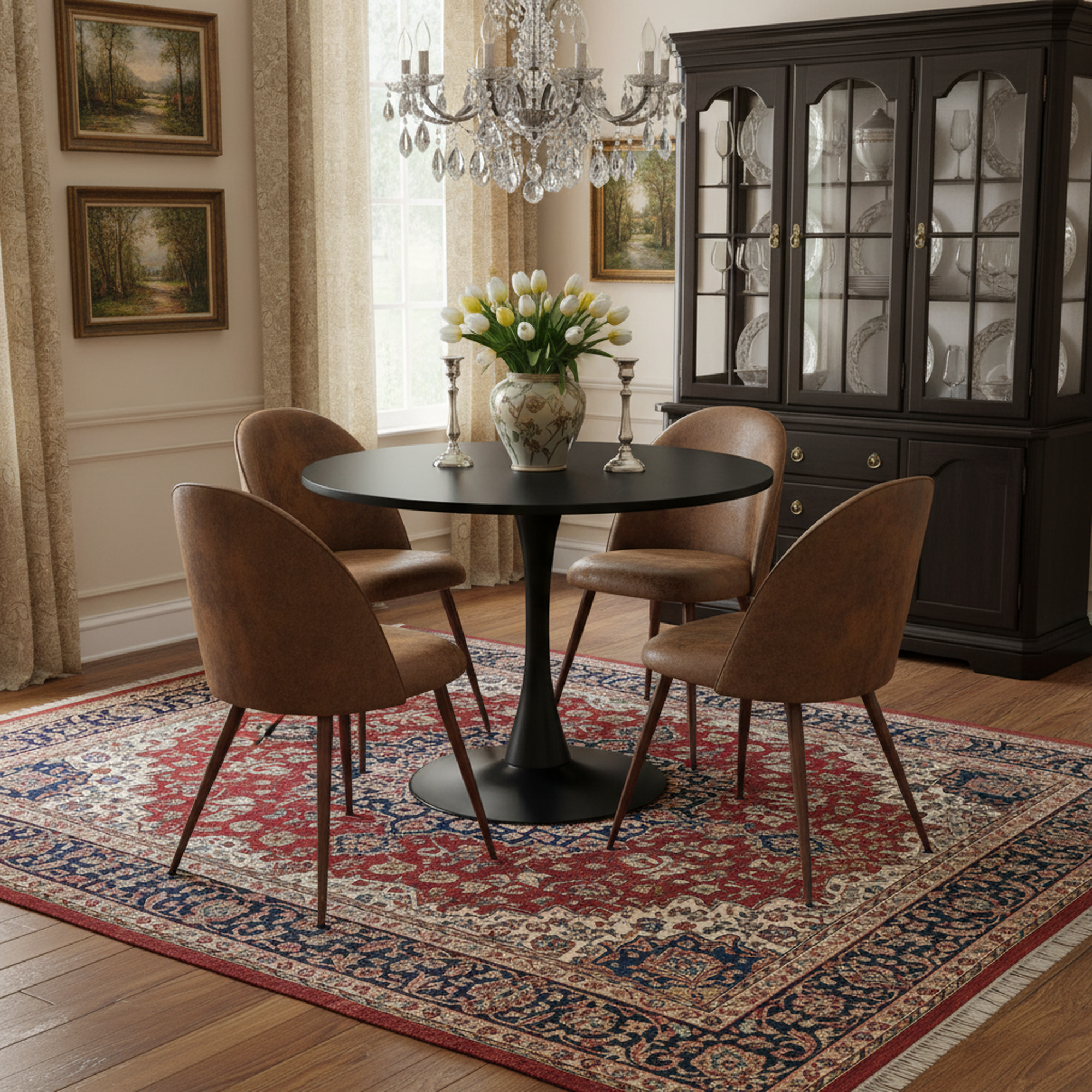 Clift 5 Piece Black Dining Table Set with 4 Haven Chairs, Suede Brown