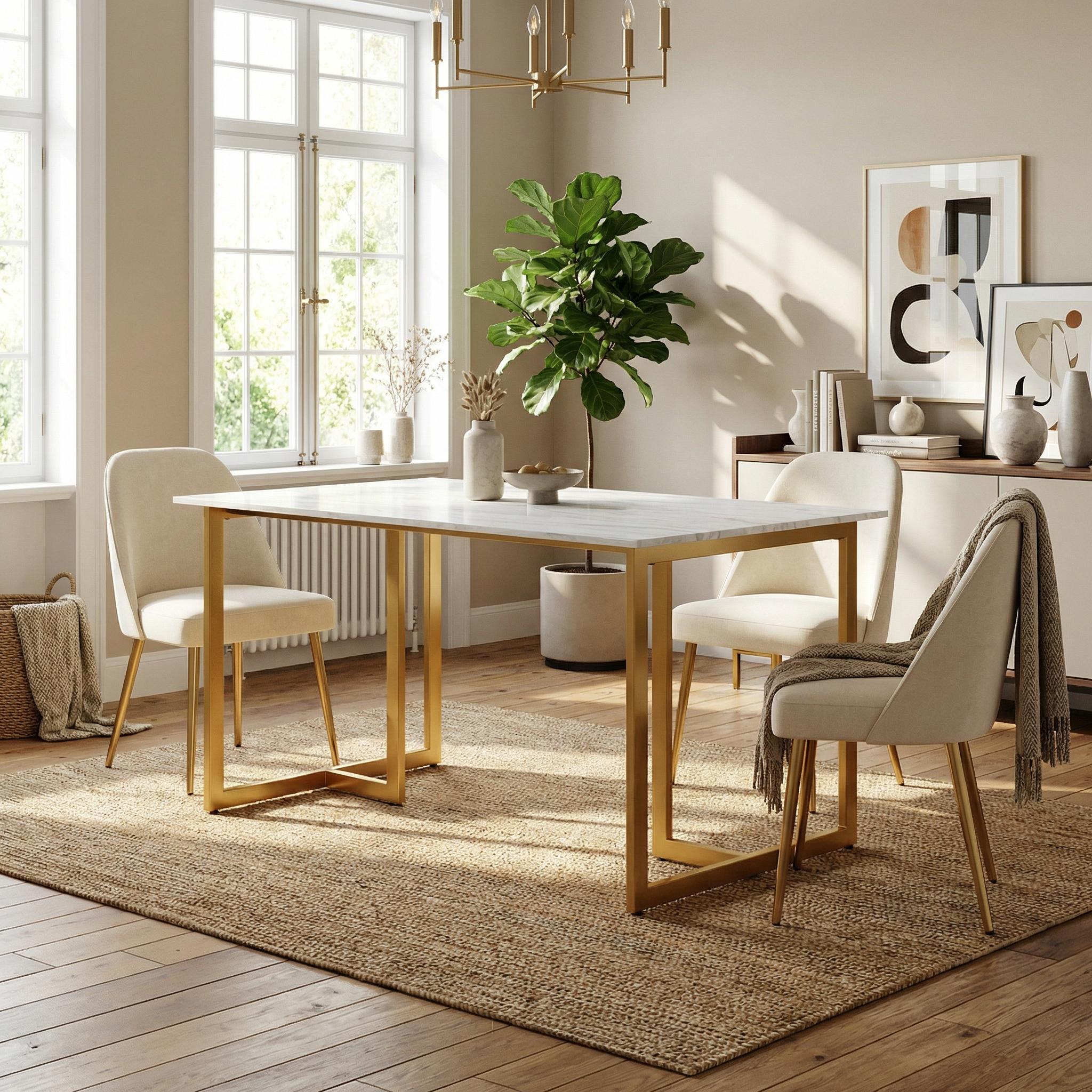 Homy Casa Slip 59.1 " Rectangular Marble White Dining Table with Gold Metal Legs