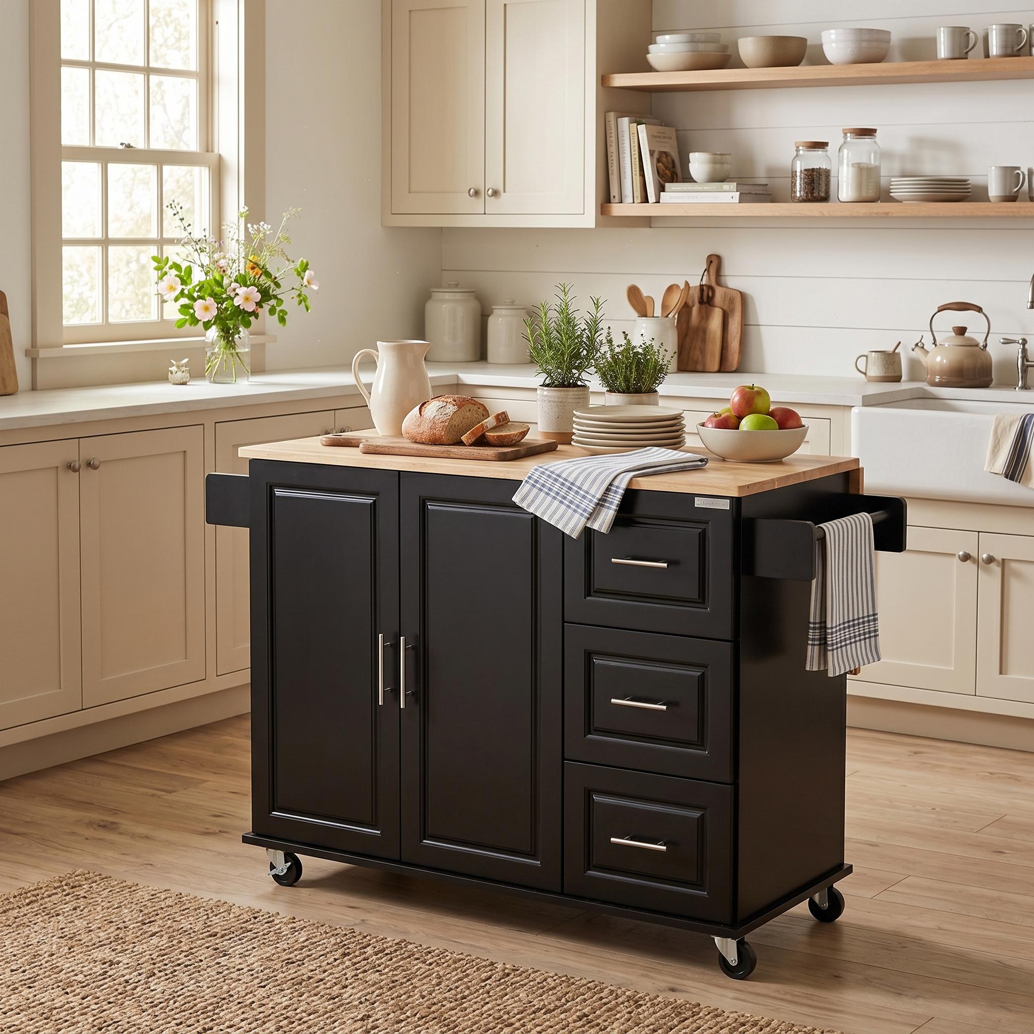 Bilbao 54" Rolling Kitchen Island Cart with Extendable Rubberwood Top