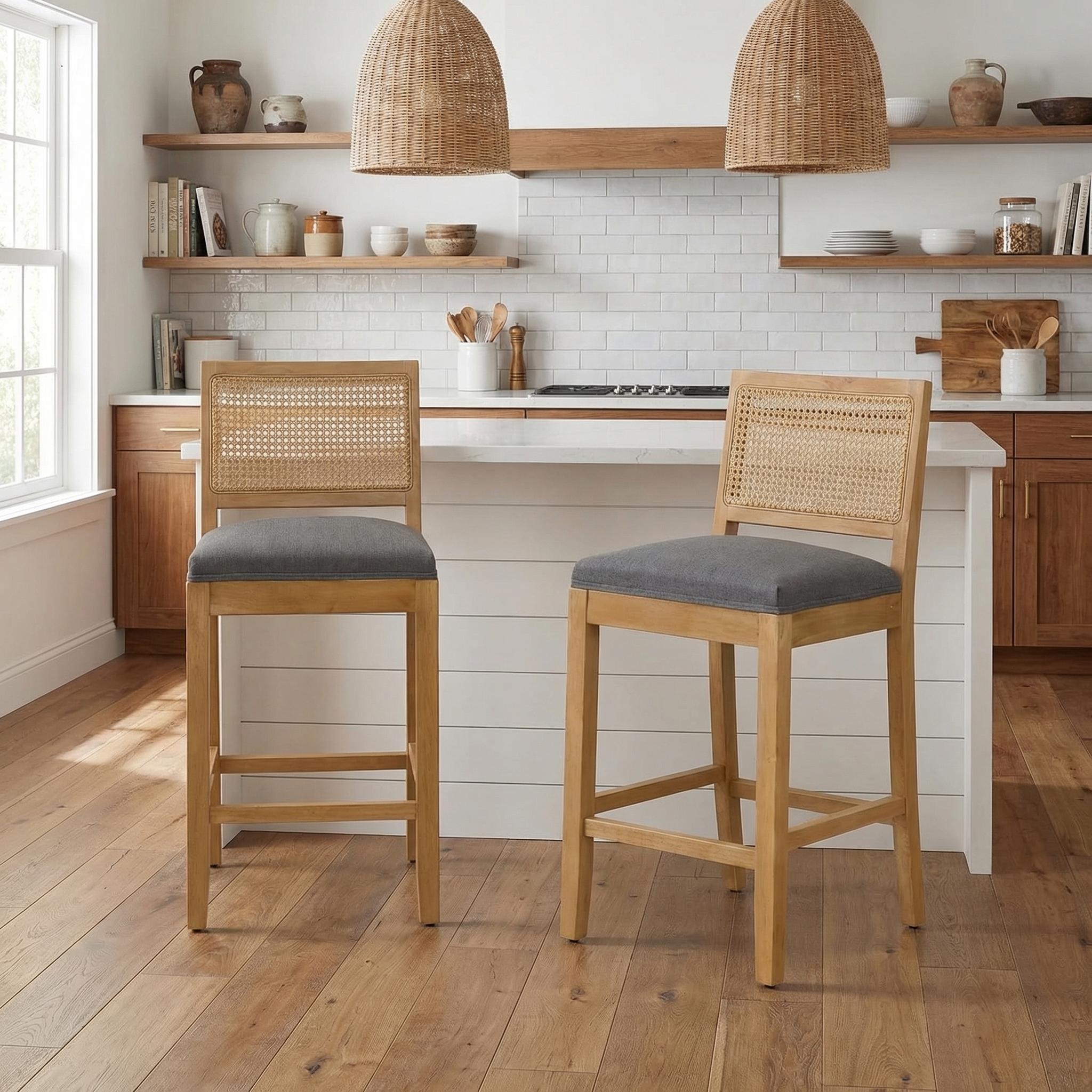 Brunello 28" Solid Wood Rattan Back Upholstered Bar Stools Set of 2