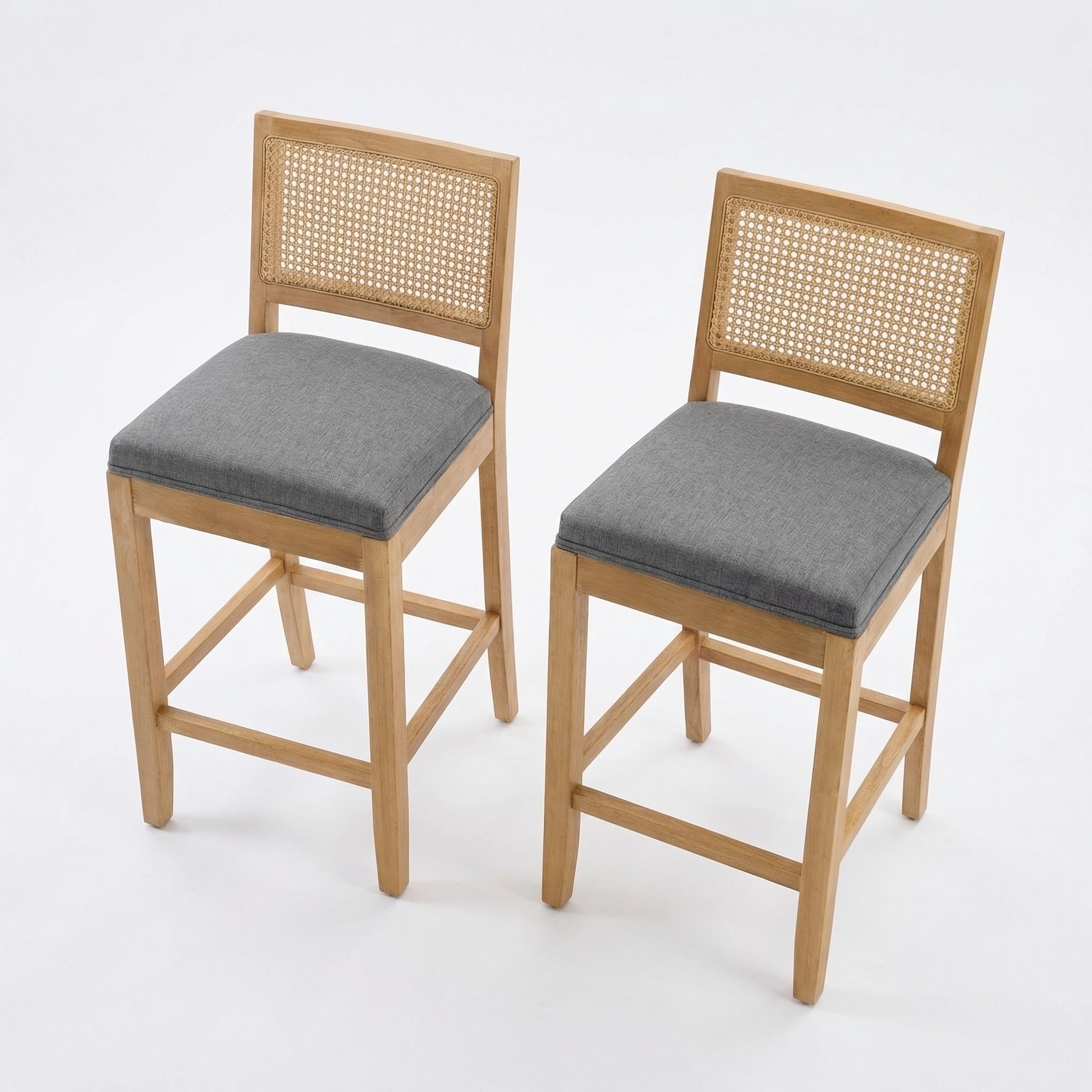Brunello 28" Solid Wood Rattan Back Upholstered Bar Stools Set of 2