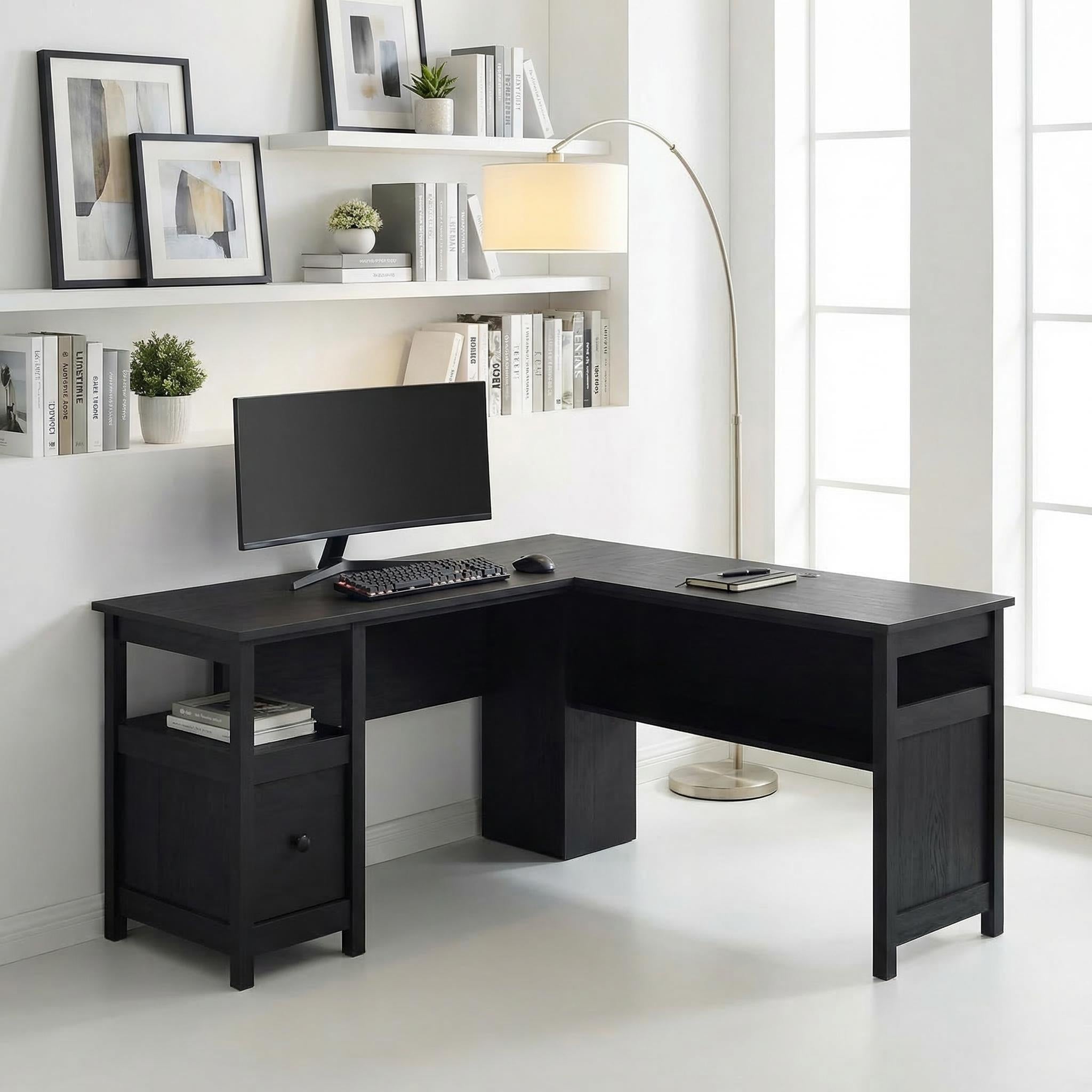 Avenor 59" Traditional L-Shaped Desk with Storage Cabinet