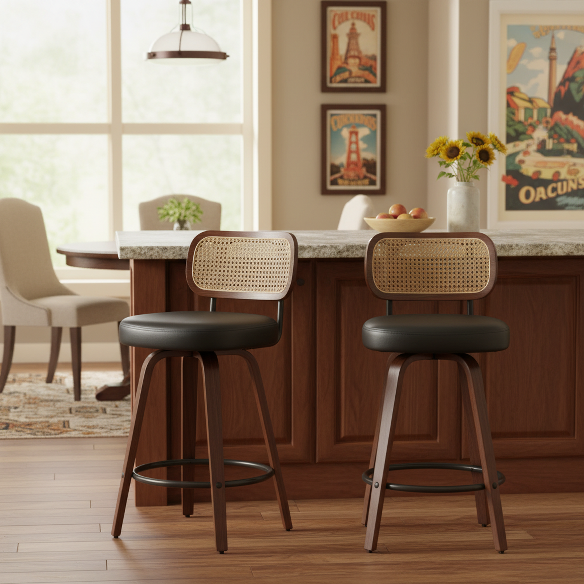 Homy Casa Medoc 26" Rattan Back Swivel Counter Height Upholstered Bar Stool Set of 2