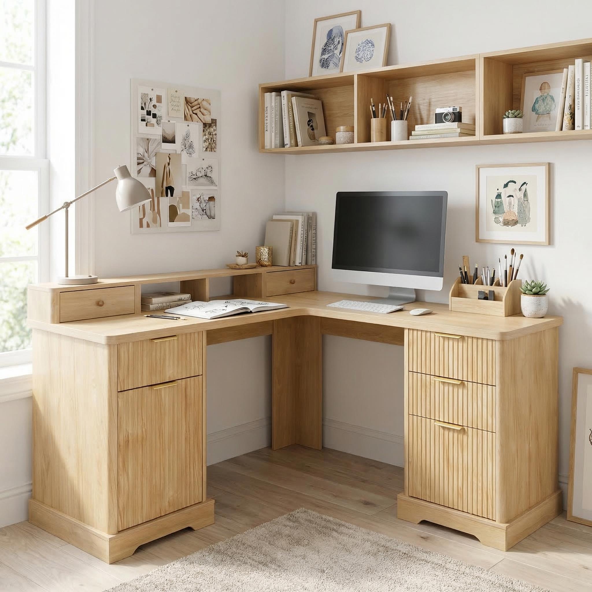 Vexon 59" Modern Fluted L-Shaped Office Desk with Storage Cabinets and Charging Station