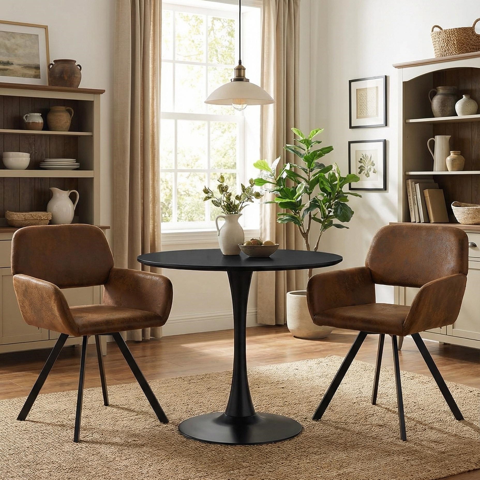 Clift 3 Piece Black Dining Table Set with 2 California Chairs, Suede Brown