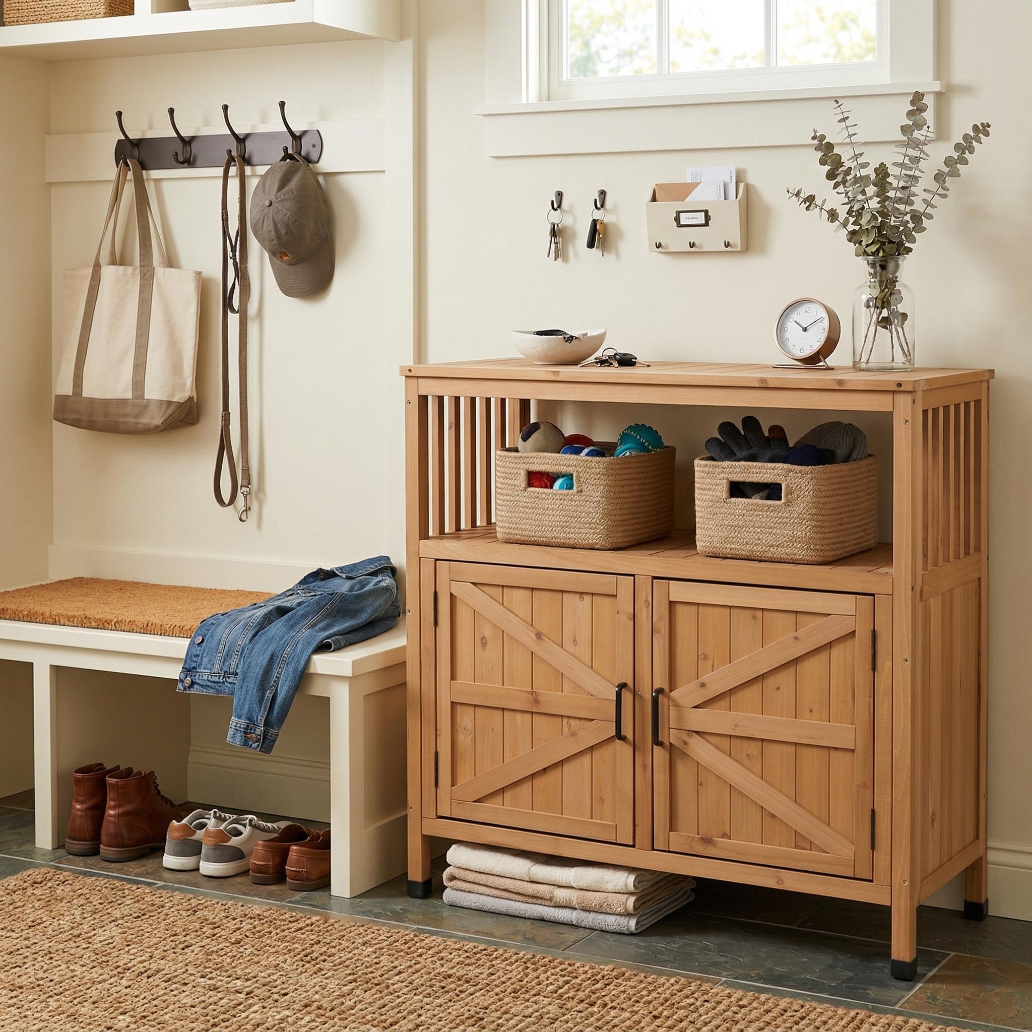 Zadar 42" Wood Storage Cabinet with Barn Doors and Open Shelf