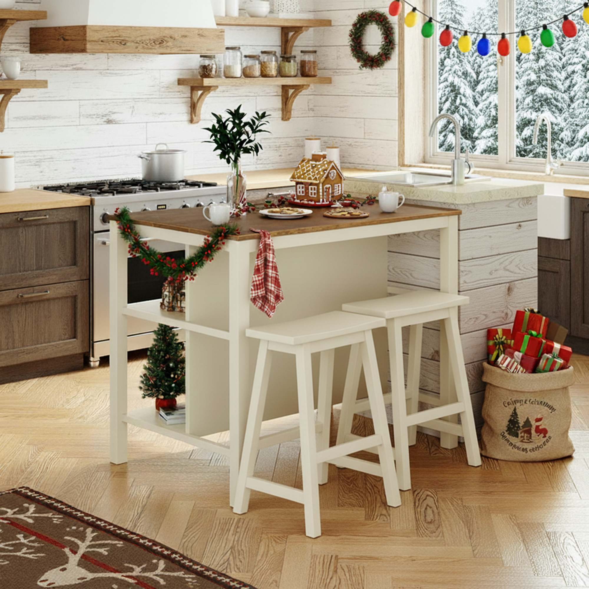 Gotland 45" Solid Wood Kitchen Island with 2 Open Storage Shelves