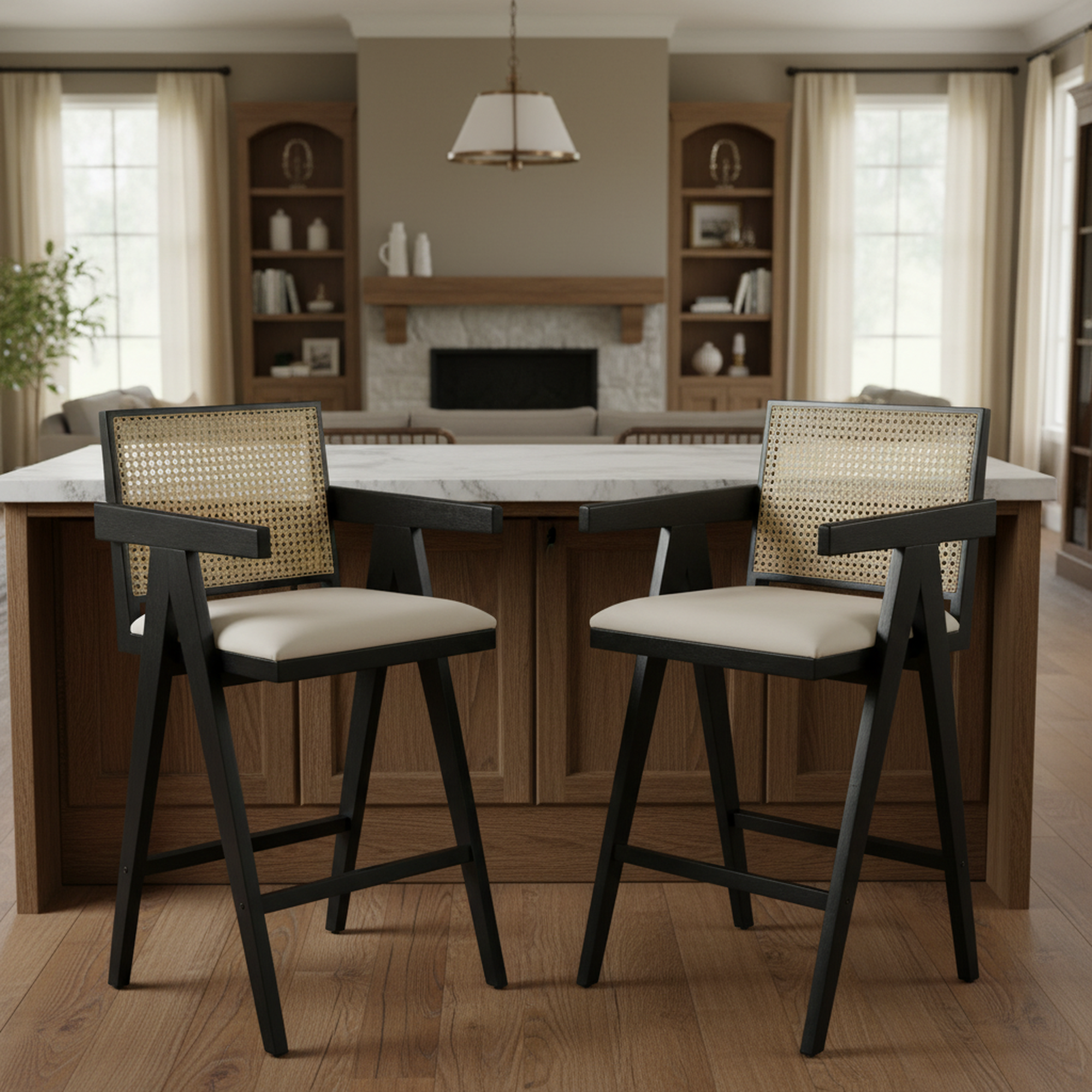 Lodi 27" Modern Cane Back Upholstered Bar Stool Set of 2 with Armrests