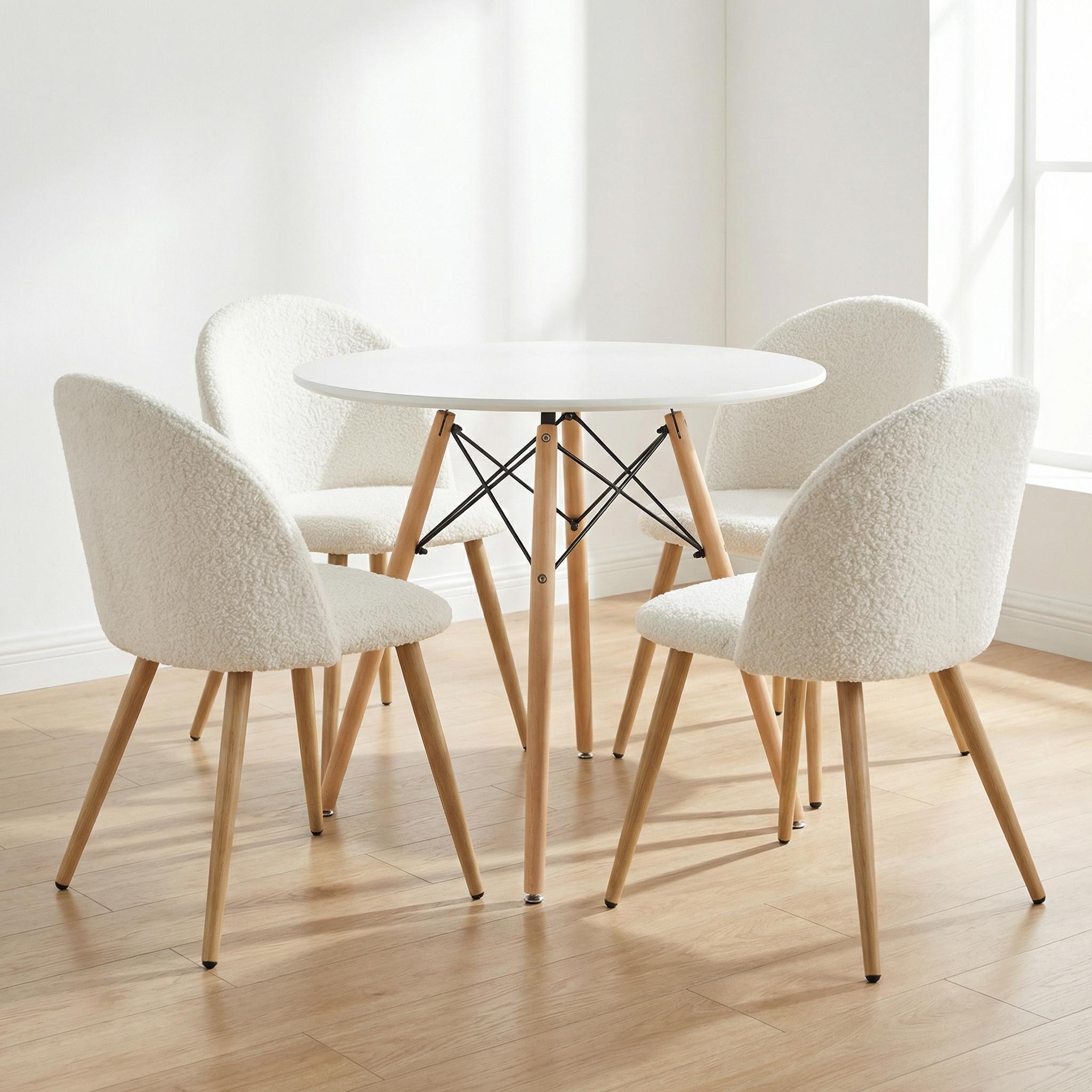 Homy Casa Chad 5PC Dining Set 31.5" Round Matte White Table with 4 Zomba Fabric Chairs in Beige