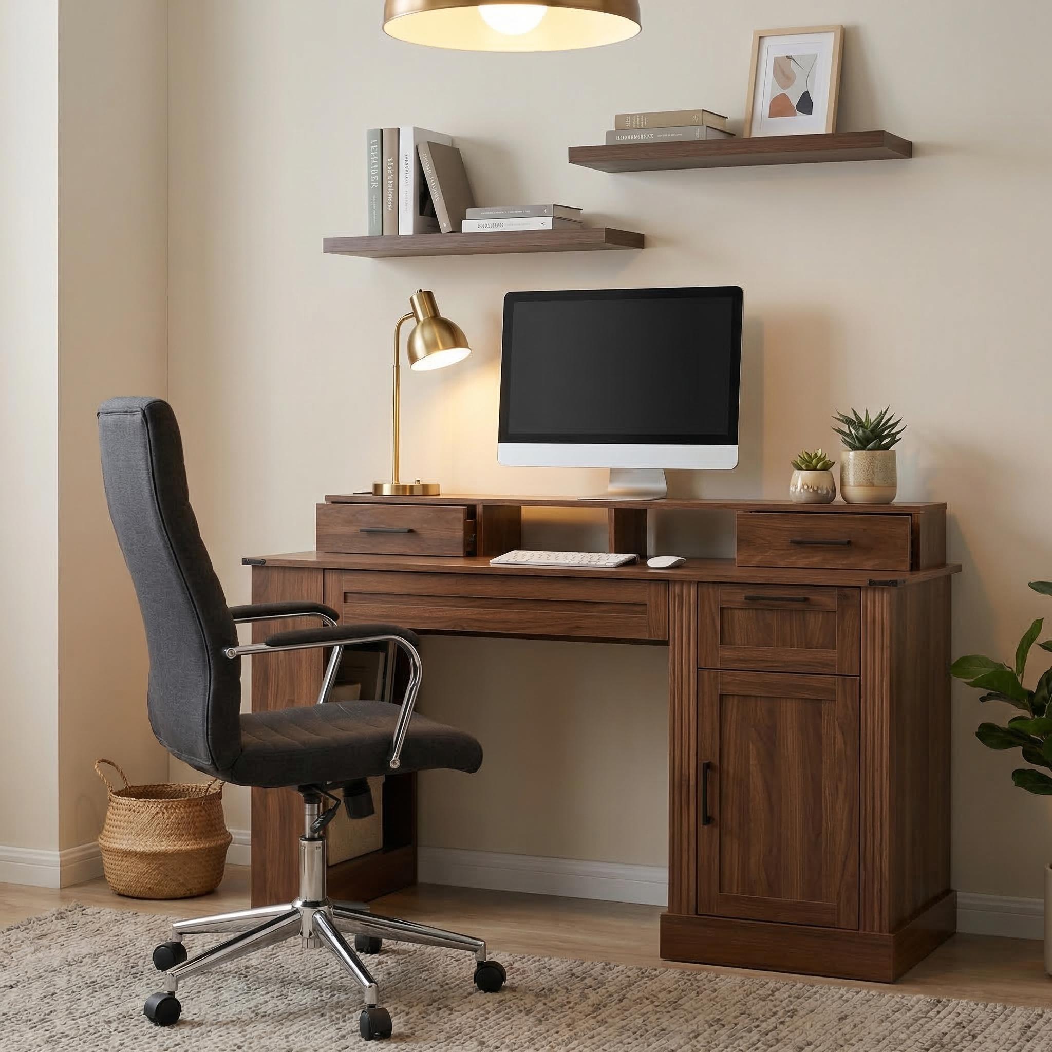 Kova 55" Farmhouse Office Desk with Storage Cabinet, Keyboard Tray and Charging Station
