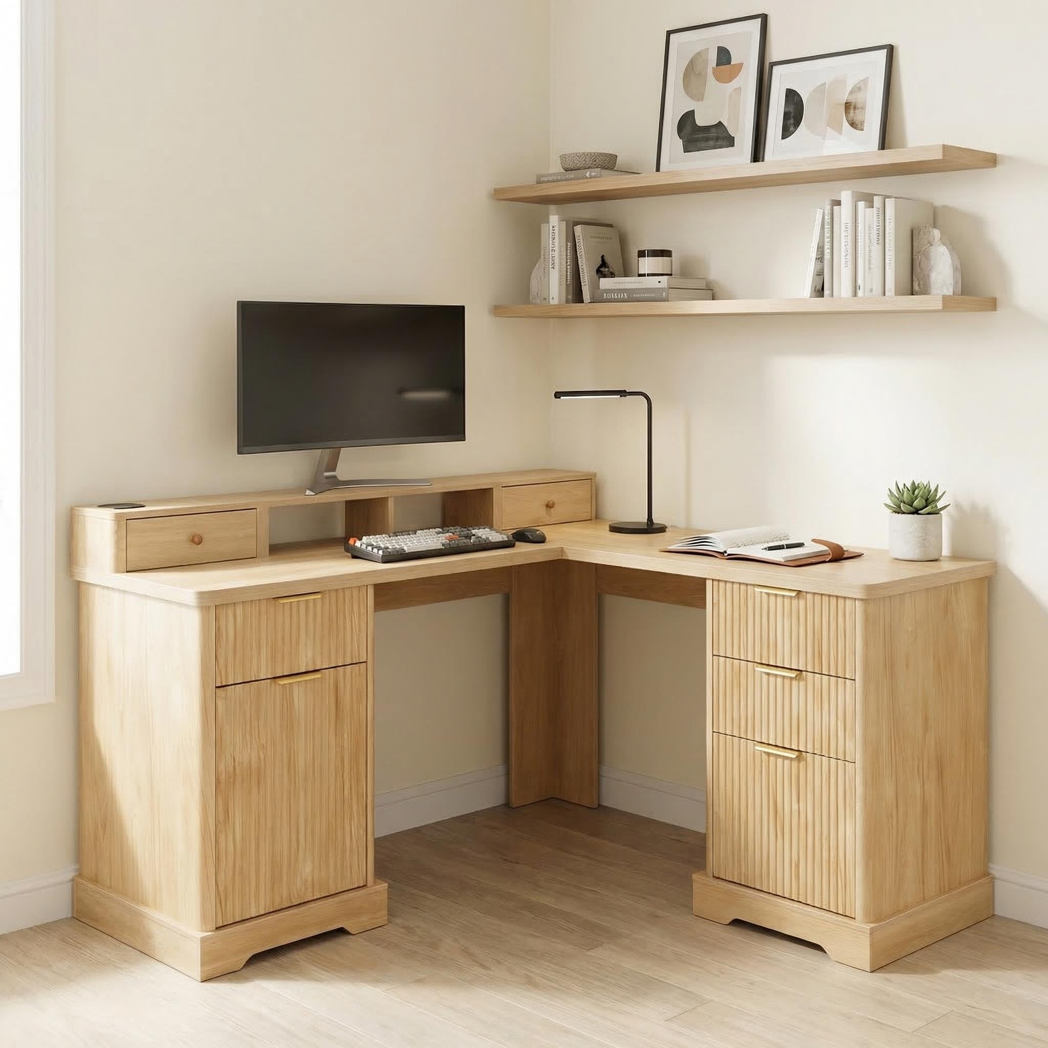 Vexon 59" Modern Fluted L-Shaped Office Desk with Storage Cabinets and Charging Station