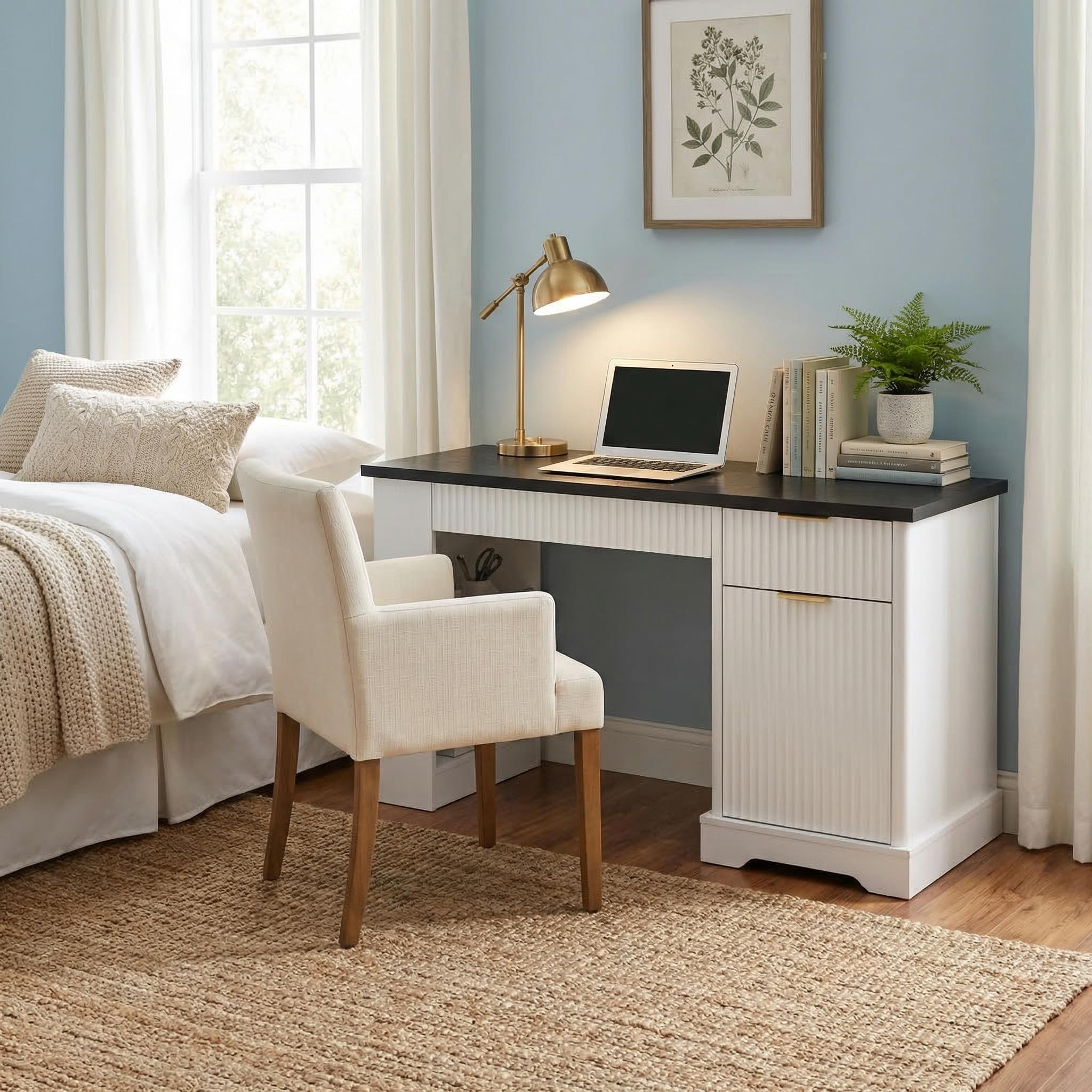 Vexon 55" Modern Fluted Writing Desk with Storage Cabinet and Charging Station