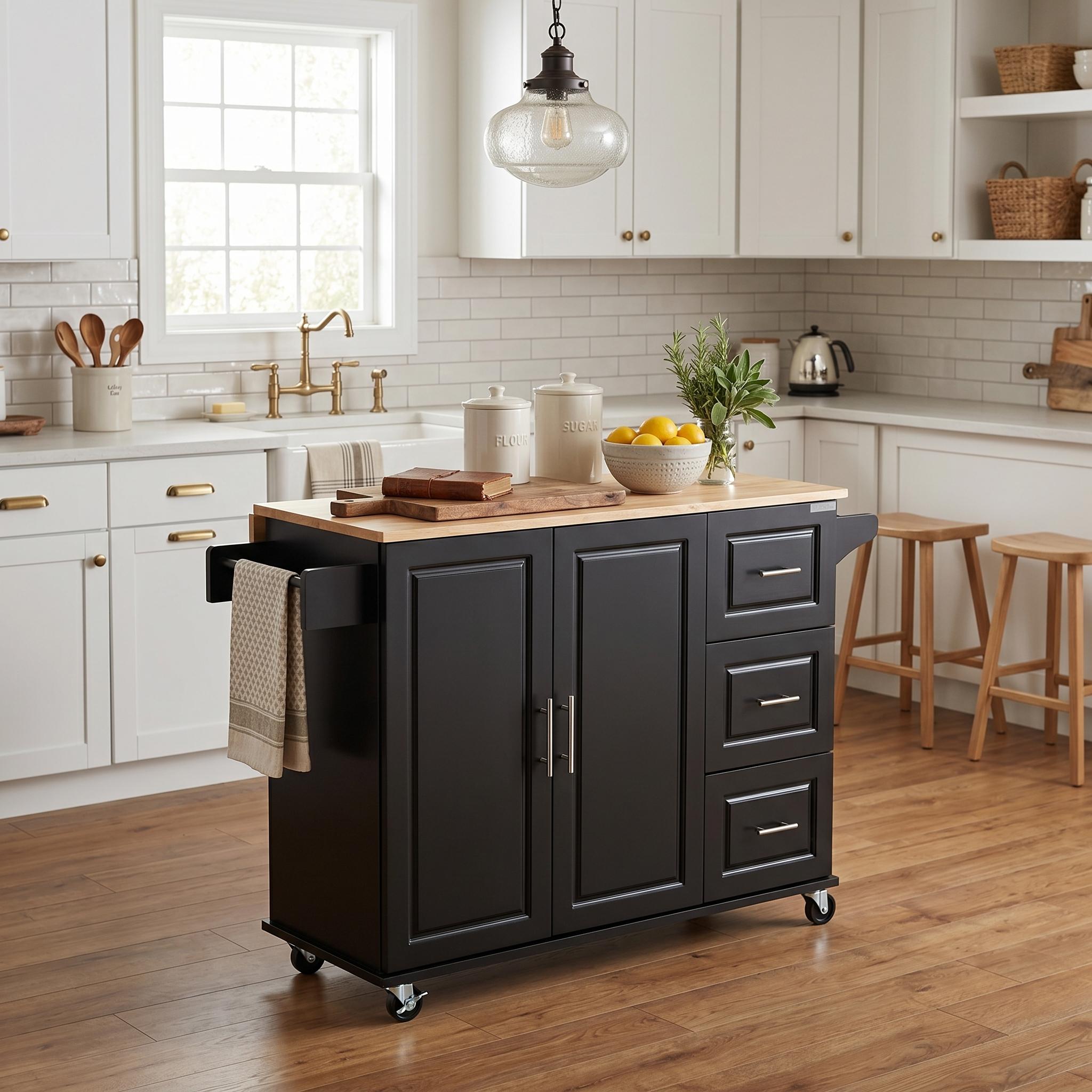 Bilbao 54" Rolling Kitchen Island Cart with Extendable Rubberwood Top