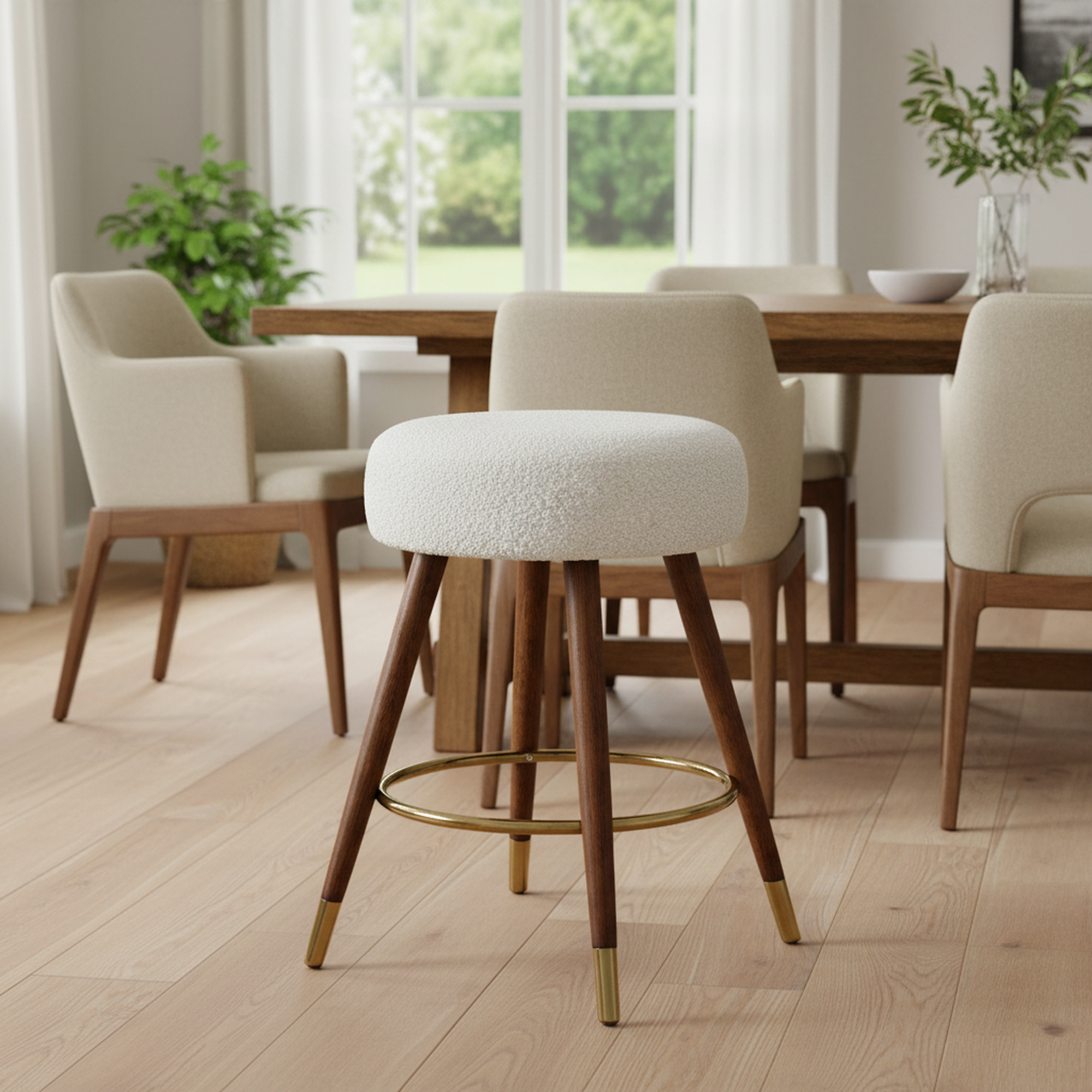 Ribera Boucle Upholstered Backless Swivel Counter Stool with Gold Accents