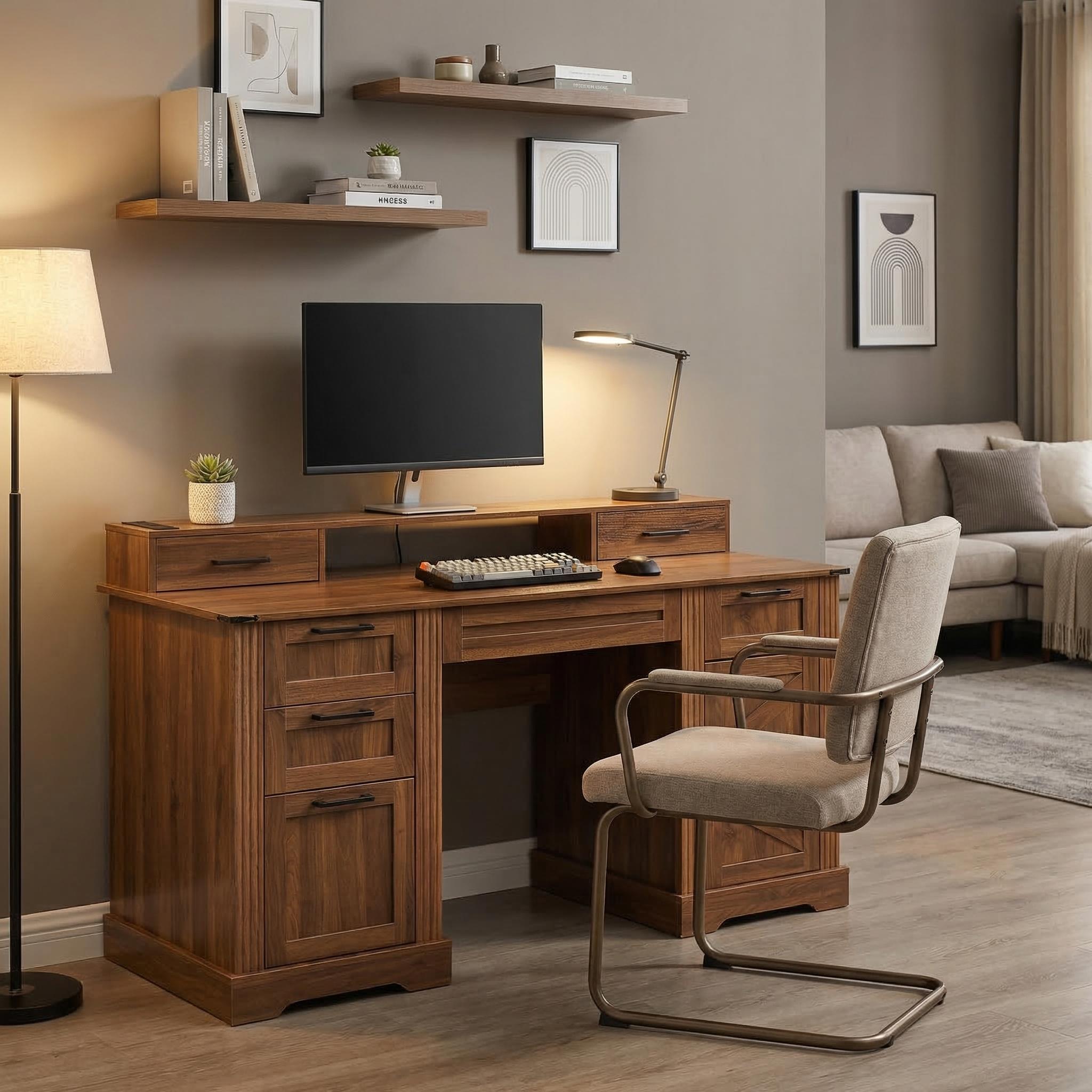 Kova 59" Farmhouse Office Desk with Storage Cabinets and Charging Station