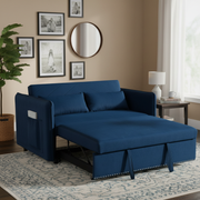 Homy Casa Shreveport 55" Velvet Pull-Out Loveseat Sleeper Sofa Bed with Side Pockets, Blue