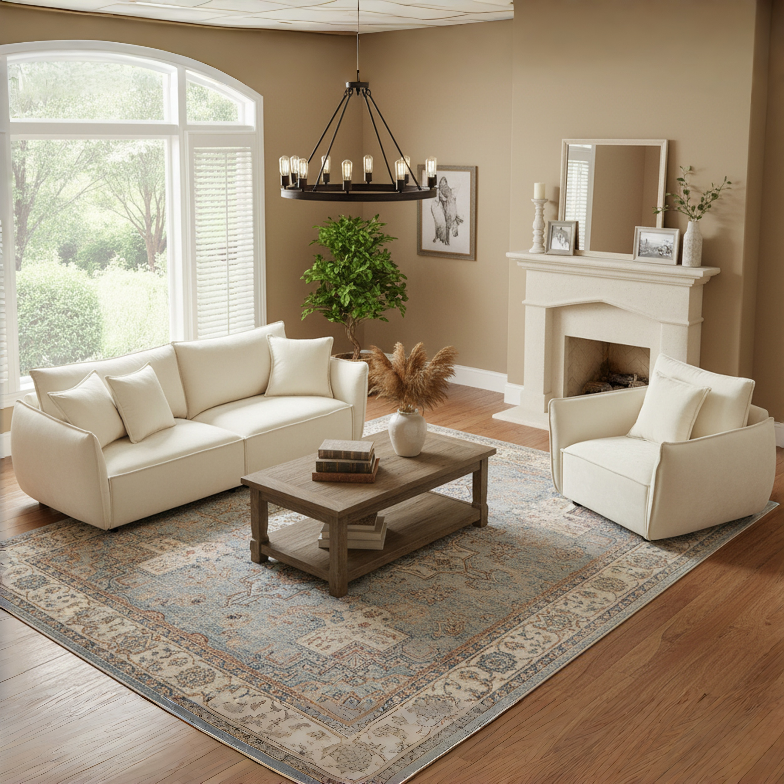 Phoenix 2 Piece Linen Fabric Sofa Set, Loveseat Sofa & Recliner Chair, Beige