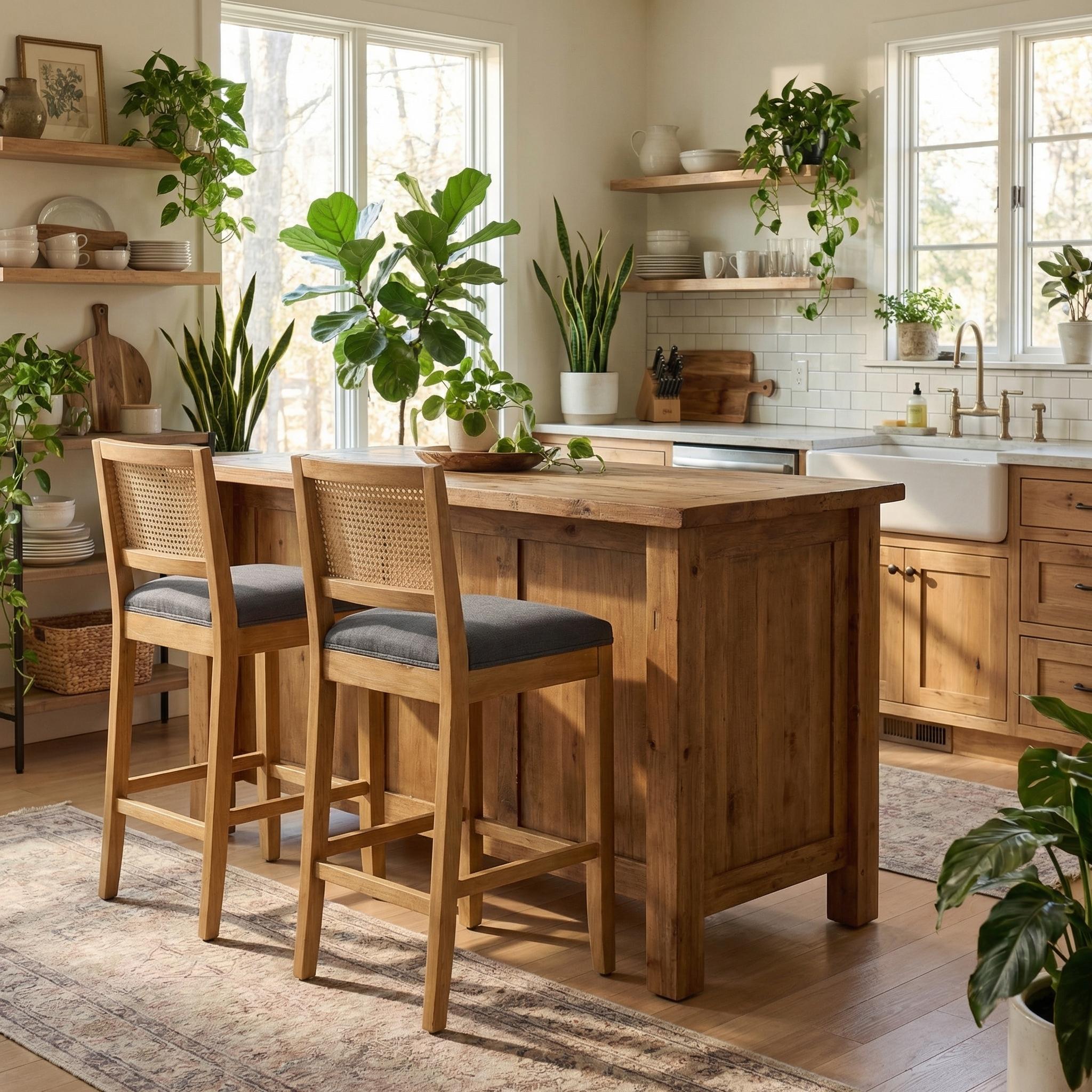 Brunello 28" Solid Wood Rattan Back Upholstered Bar Stools Set of 2