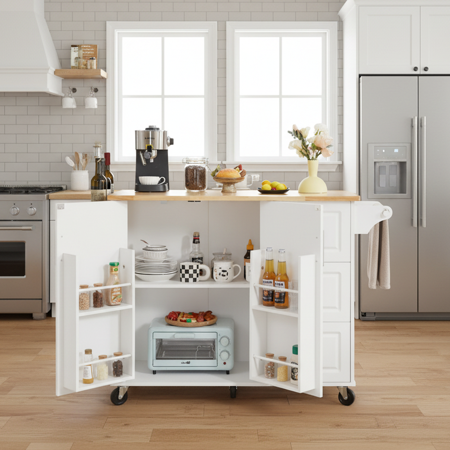 Sumatra 53" Rolling Kitchen Island with Solid Wood Countertop and Drop Leaf