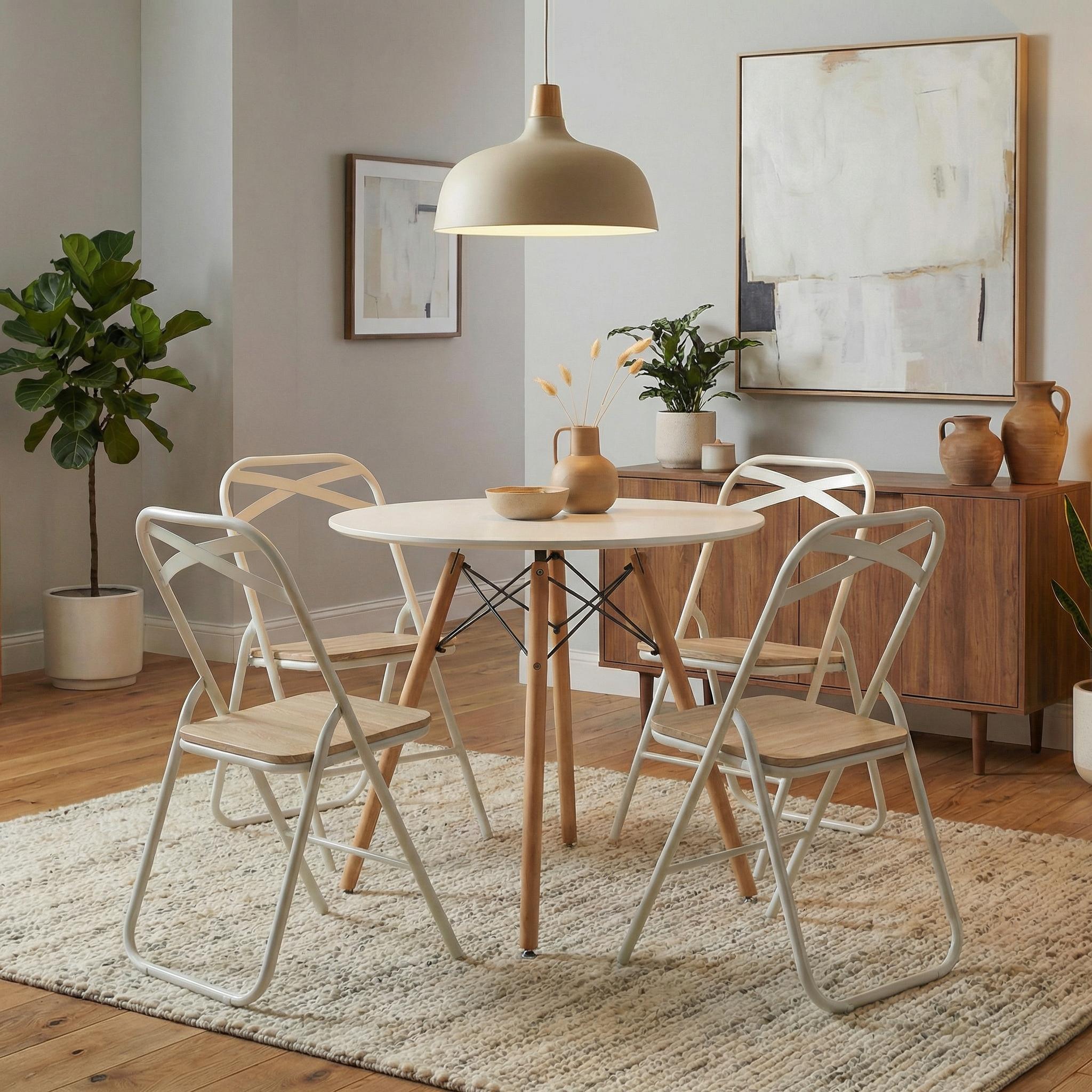 Homy Casa Chad 5PC Dining Set 31.5" Matte White Dining Table with 4 Industrial Wooden Folding Dining Chairs